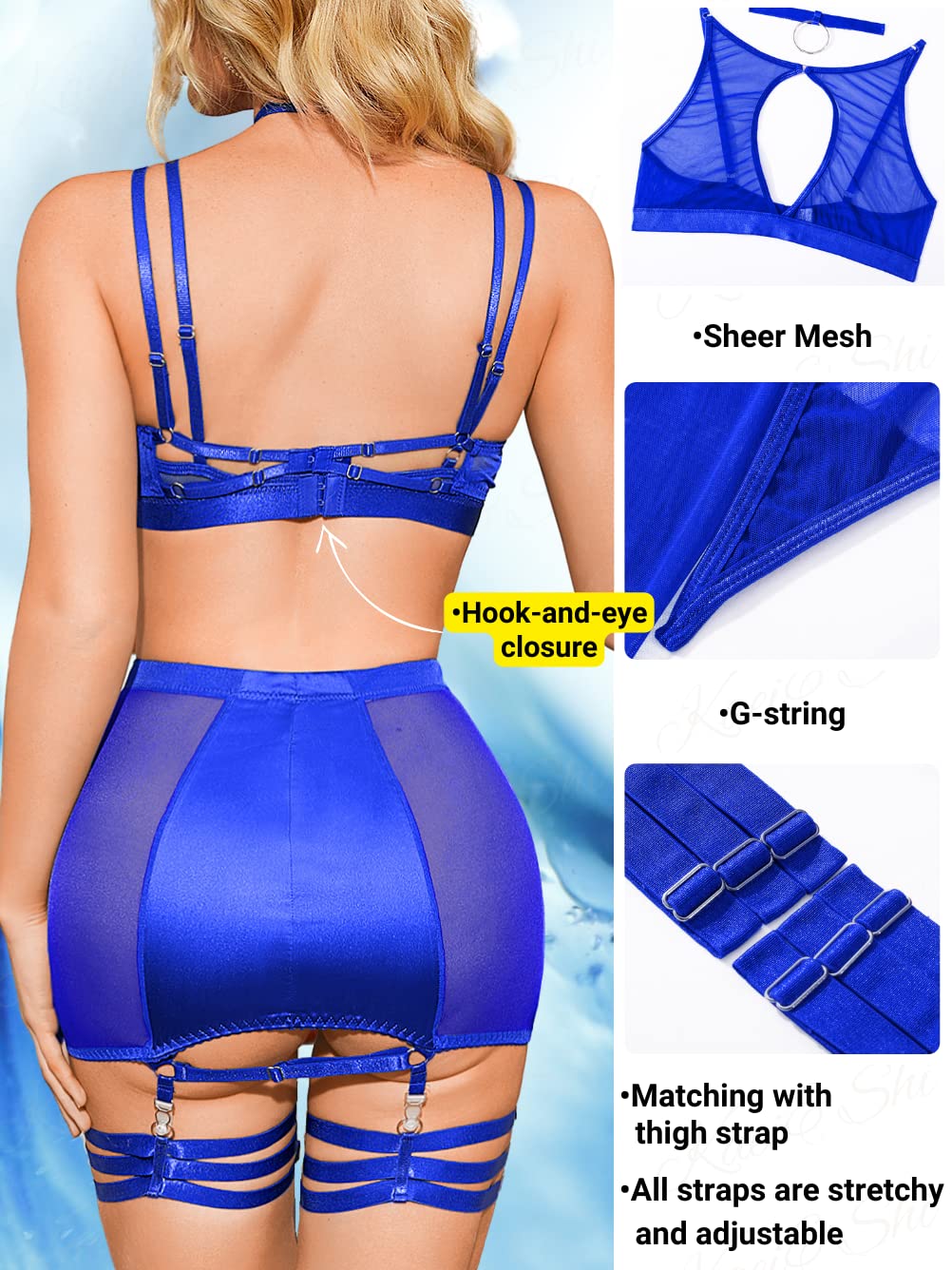 Kaei&Shi Garter Lingerie for Women, Strappy High Waisted Skirt G String 4 Piece Sexy Exotic Lingerie Outfits Set Boudoir