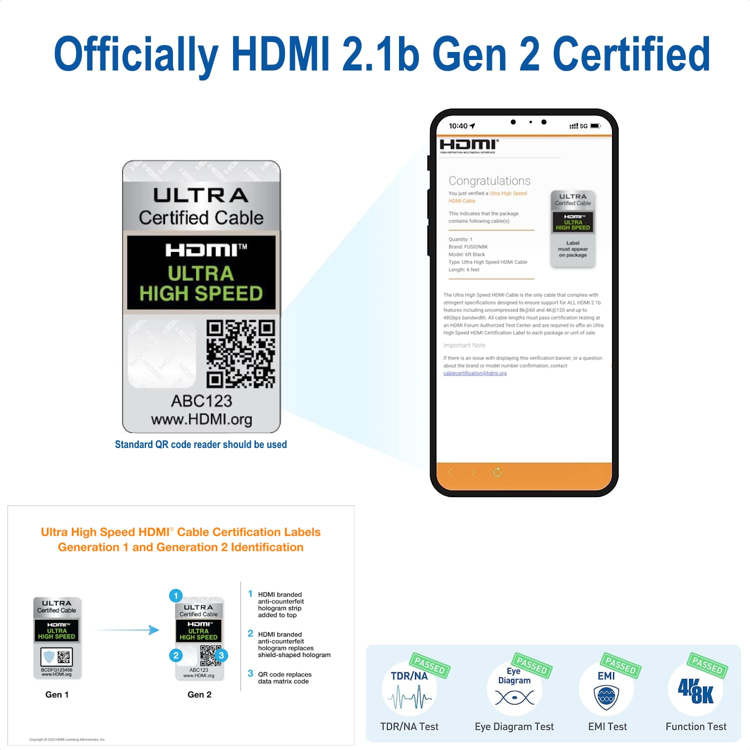 Fusion8K White HDR HDMI 2.1 Certified Cable Supports 10K 8K @60Hz and 4K @120Hz Compatible with Dolby Vision and All TVs, BluRay, Xbox Series X, PS5 (): 6 Feet