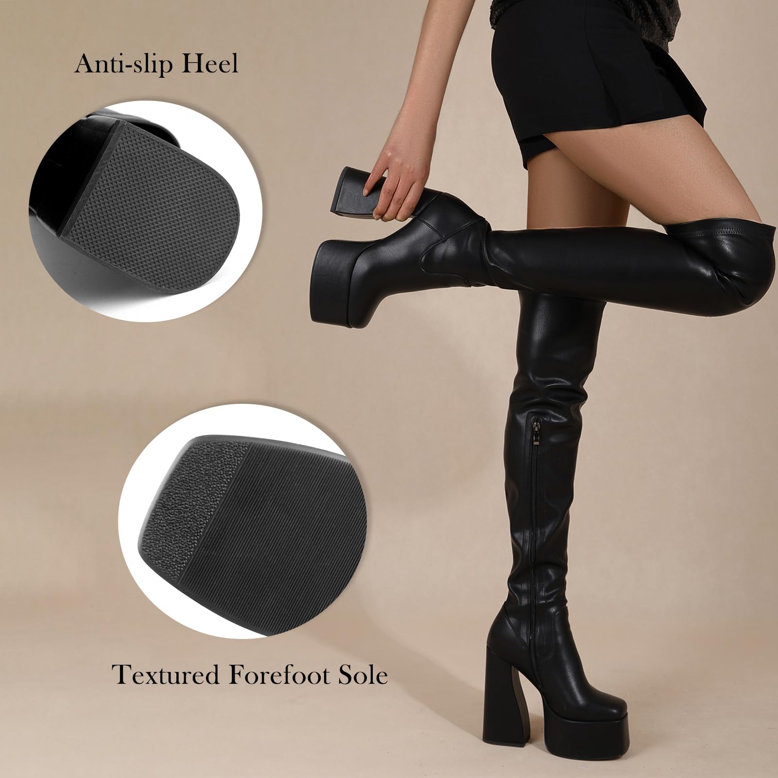 LanreyTaley Platform Thigh High Boots for Women Chunky Block Heels Over The Knee Boots Stretch Go-Go Boot Square Toe Party Boots with Zipper: 10 Black