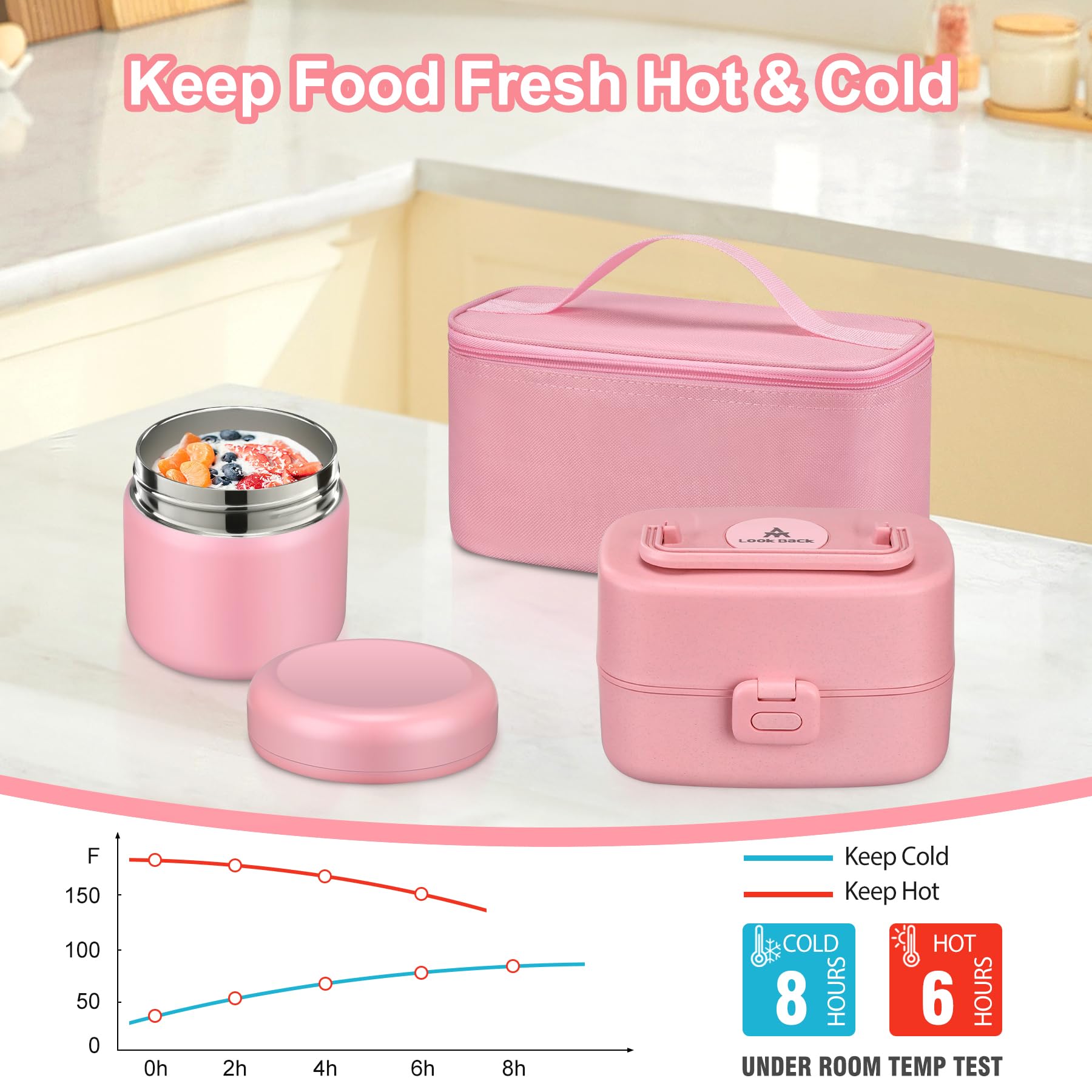 Pawtong Bento Lunch Box with 8oz Soup Thermo, Kids Sustainable Bento Box Leakproof Lunch Food Containers with Lunch Bag, Kids Thermo Insulated Hot Food Jar for School, Trvael (): Pink