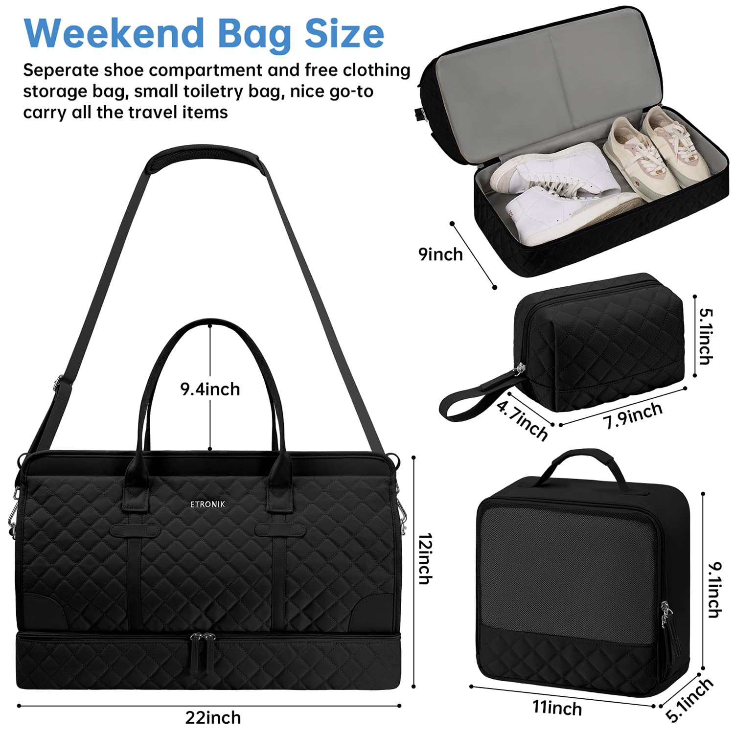 ETRONIK Weekender Overnight Bag for Women, Large Travel Duffle Bag with Shoe Compartment & Wet Pocket, Carry On Tote Bag Gym Duffel Bag with Toiletry Bag for Hospital 3 Pcs Set, XL Size, Dark Black: Extra Large Dark Black