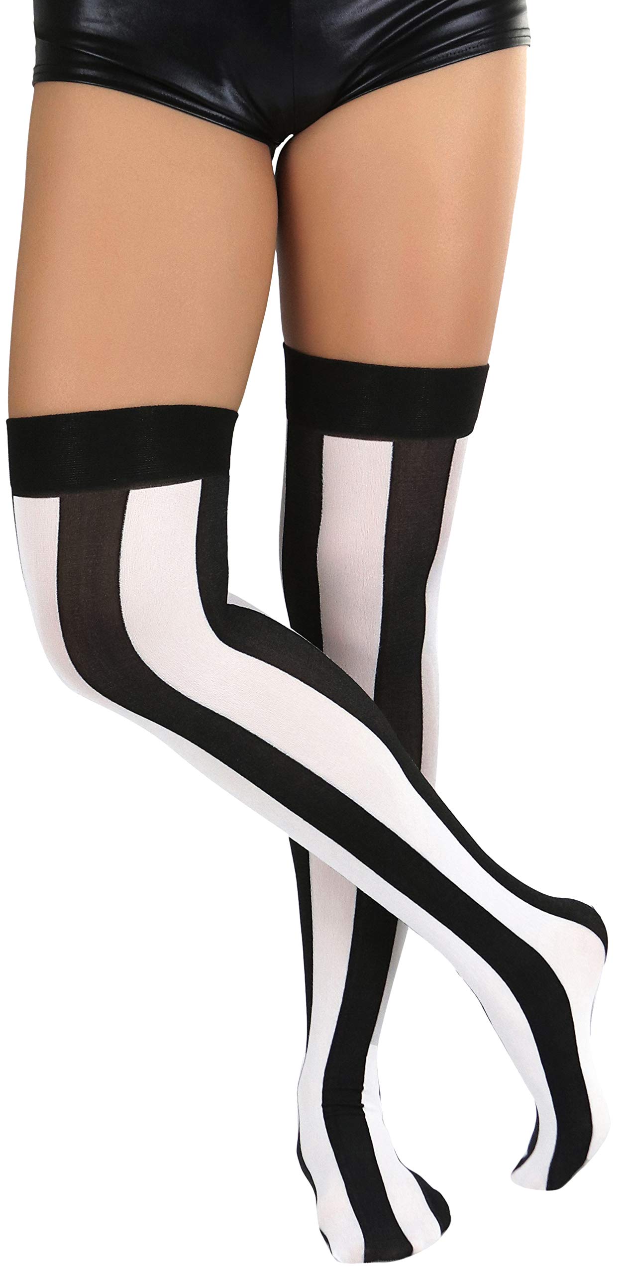 ToBeInStyle Women’s Wide Vertical Striped Thigh High Halloween Party Novelty Stockings: Black W/ White Wide Stripes
