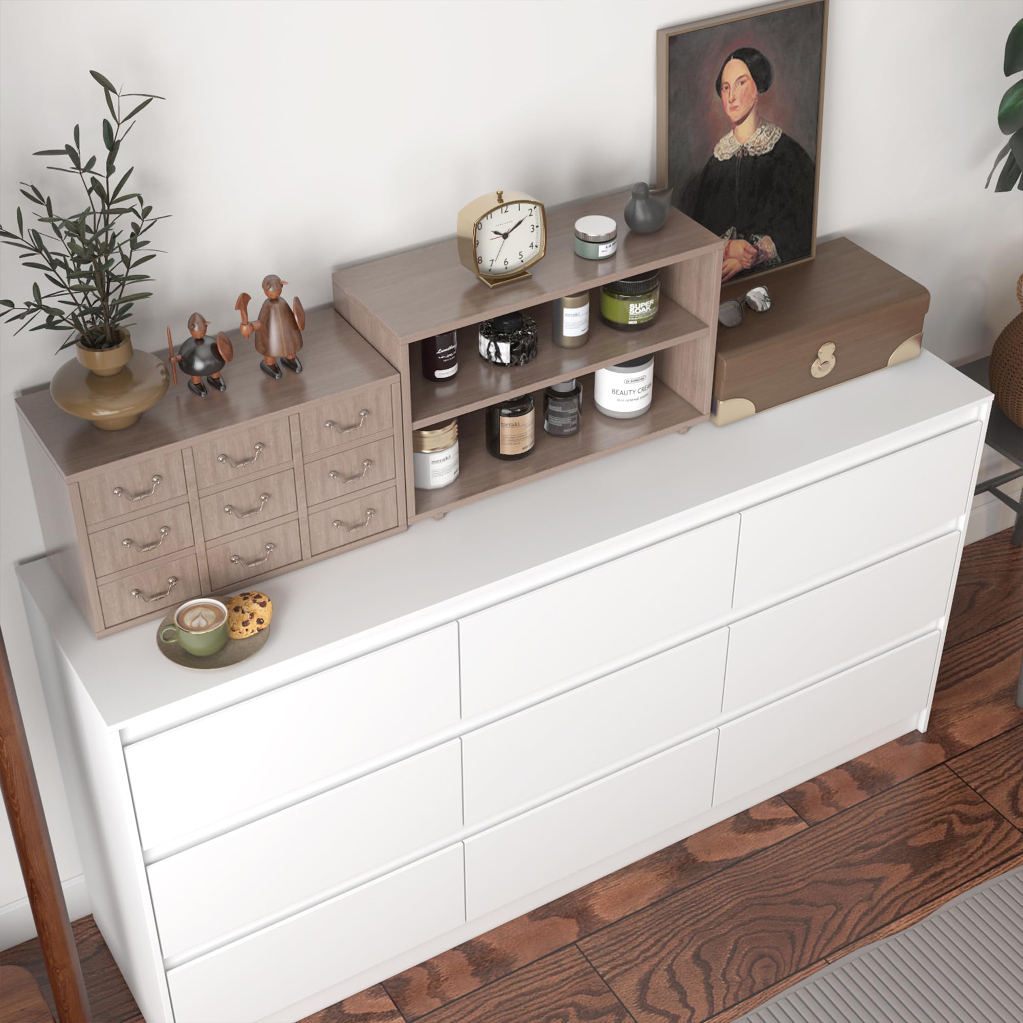 Hitow 9 Drawer Dresser for Bedroom with Deep Drawers, Large Floor Wood Dressers & Chest of Drawers Handle Free, Modern White Long Dressers for Closet Living Room, Euro Slide (63"W x 15.7"D x 31.5"H)