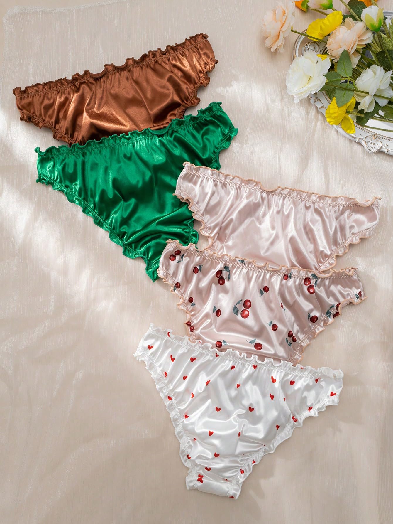 COZYEASE Women's 5 Piece Sets Floral Print Lettuce Trim Low Rise Panty Cute Underwear Multicolor S: COZYEASE Women's 5 Piece Sets Floral Print Lettuce Trim Low Rise Panty Cute Underwear