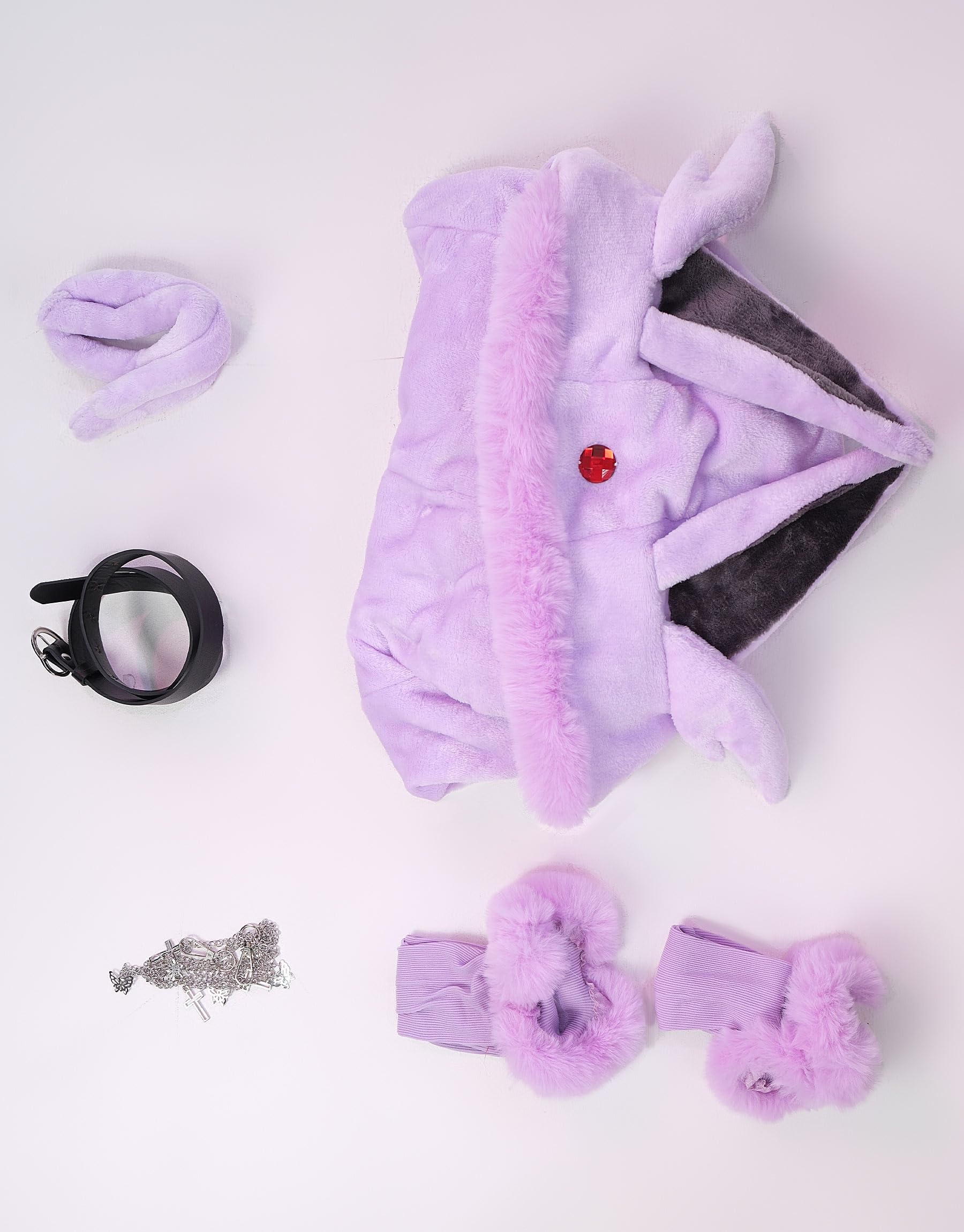 Mobbunny Anime Derivative Romper Onesie Pajamas Bodysuit with Tail Belt and Socks Fluffy Bodycon Hooded Jumpsuit: Small Purple