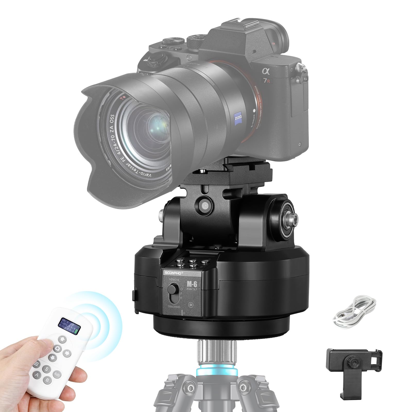 Soonpho M6 Auto Face Tracking Motorized Rotating Panoramic Tripod Head, Remote Control 360° Pan Tilt Head with Mobile Phone Clip for DSLR Cameras, Camcorders, Smartphones, Tripod