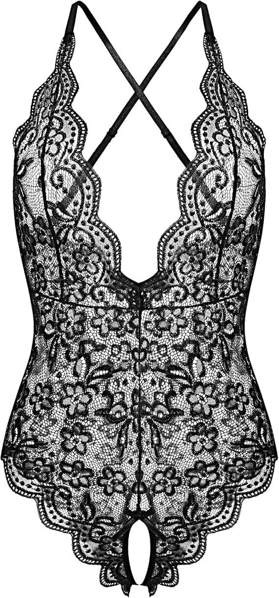 Women One Piece Lingerie Sexy Teddy V Neck Bodysuit Lace Nightie: 3X-Large Black