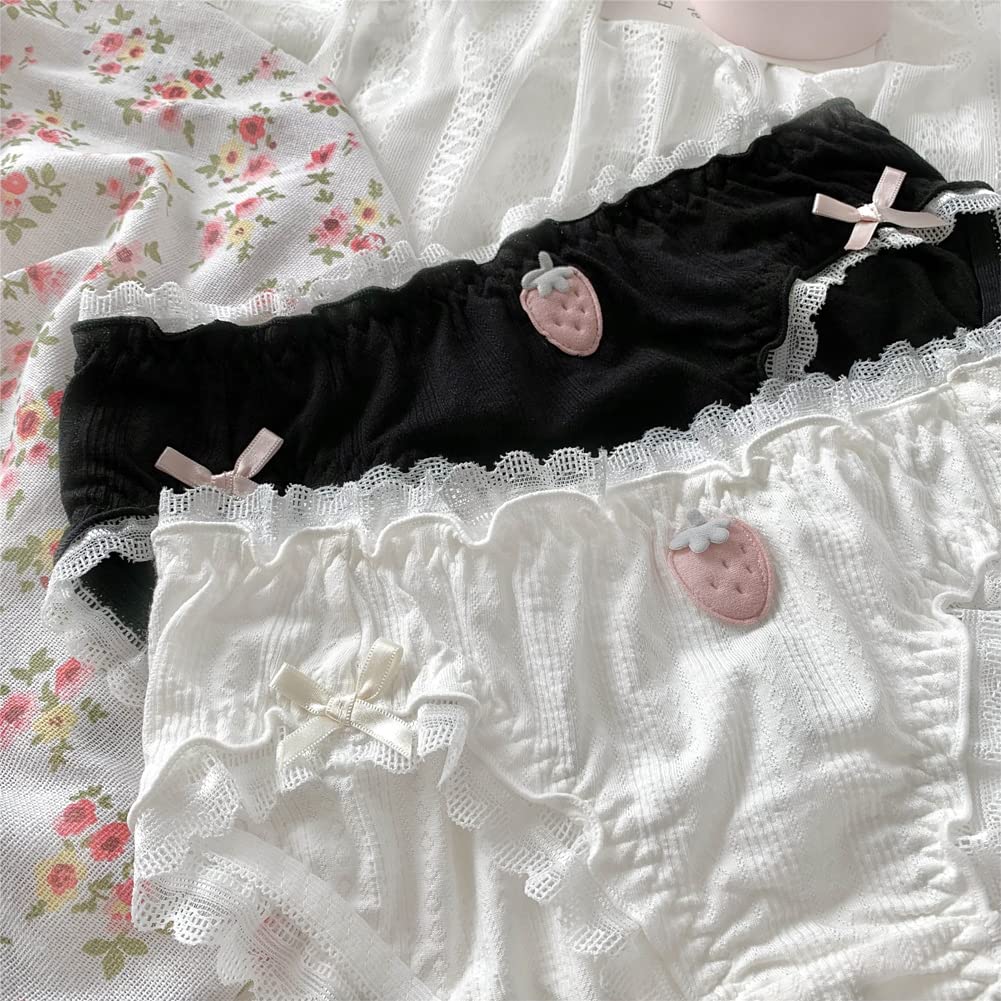 Joyralcos Japanese Stawberry Print Bikini Panties 2 Pack Briefs Cosplay Anime Underwear: 3 Pack Lace Around Style