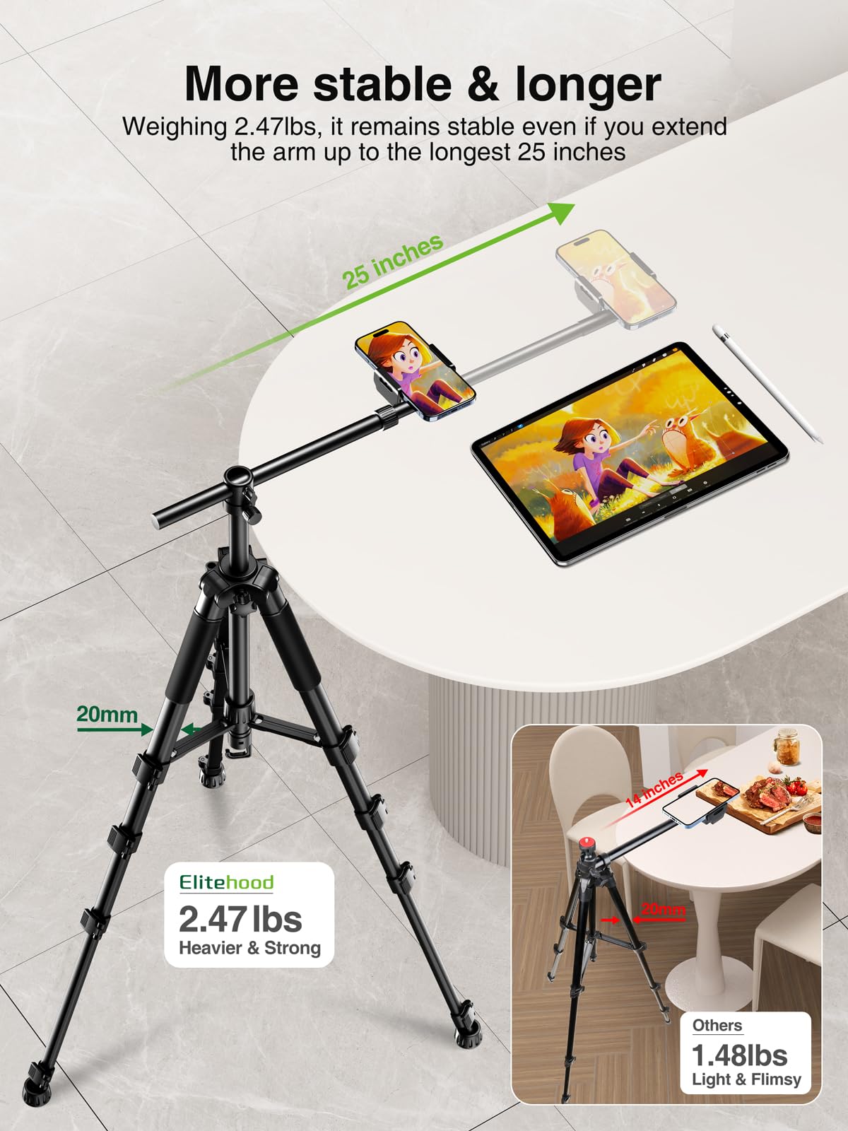 elitehood Phone Tripod for Overhead Video Recording – Updated Horizontal 59-inch Adjustable Tripod for iPhone with 25in Long Extendable Arm, 360° Rotation iPhone Stand Holder for Overhead Recording