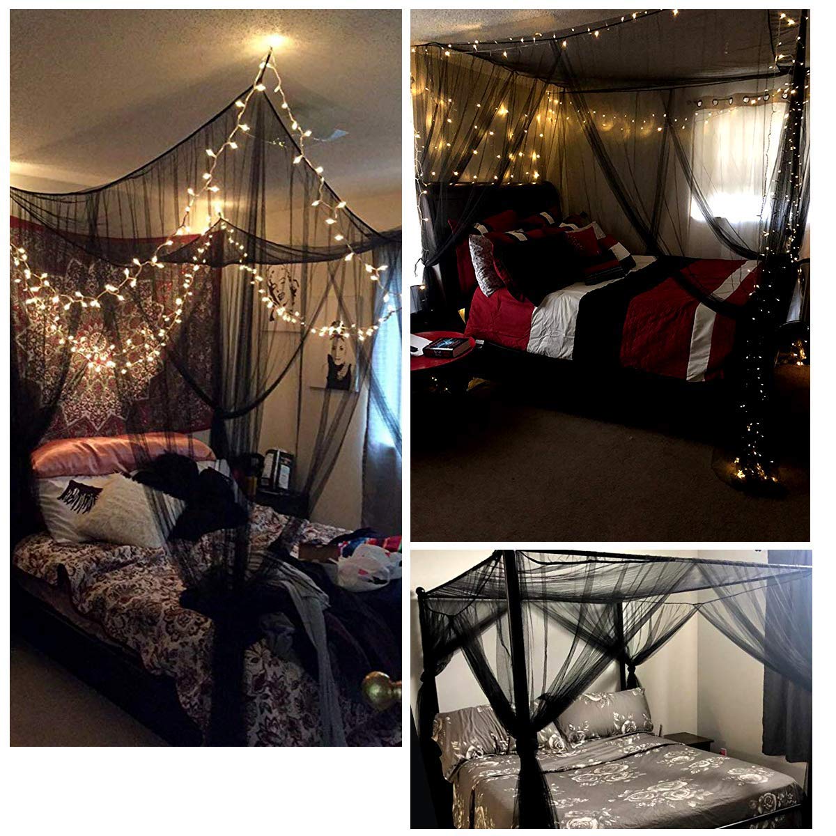 Bed Canopy with LED Star Lights, Canopy Bed Curtain with RGB Color Changing String Lights with Smart App Control Remote for Princess Girls Bedroom, Suggested for Twin Full Queen King Bed: Black