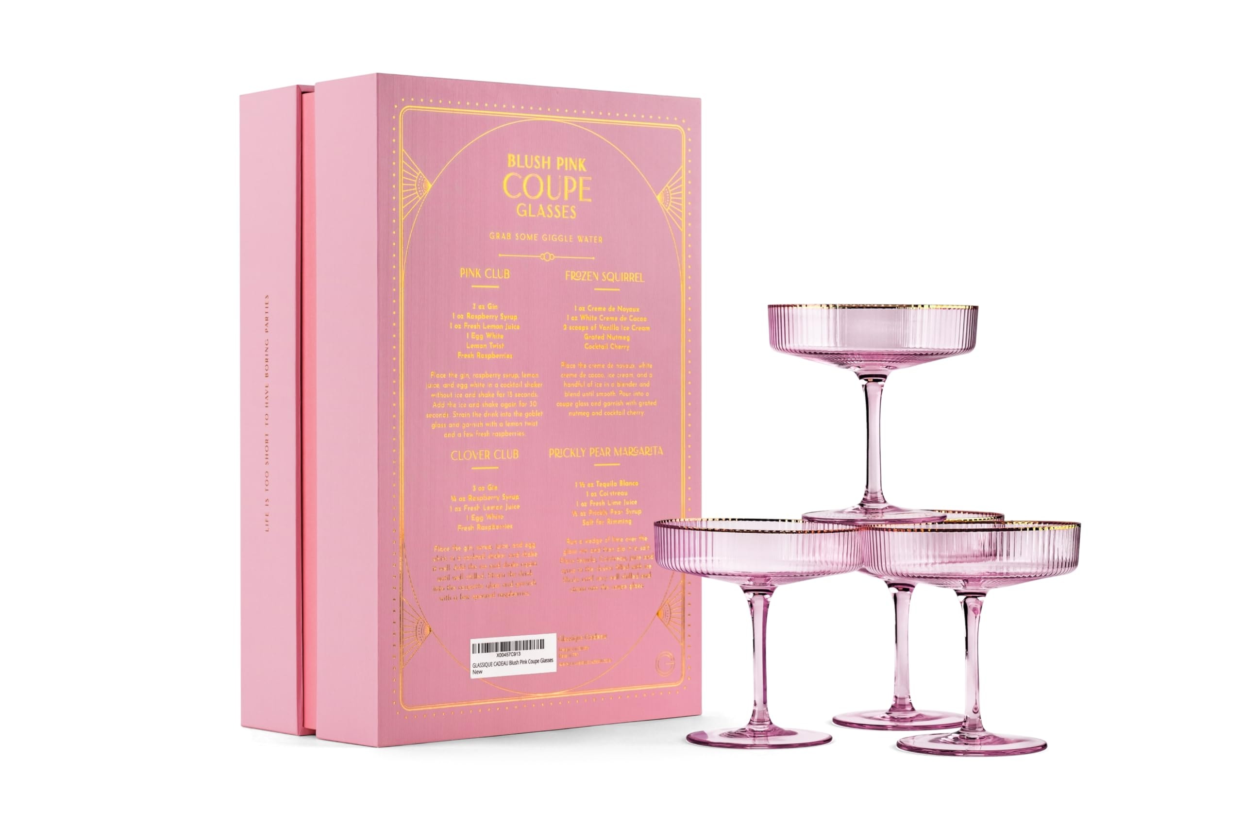 GLASSIQUE CADEAU Vintage Art Deco Blush Pink Coupe Glasses with Gold Rims | Set of 4 | 7 oz Crystal Ribbed Cocktail Glassware for Drinking Champagne, Martini, Cosmopolitan | Girly Speakeasy Saucers - Image 7
