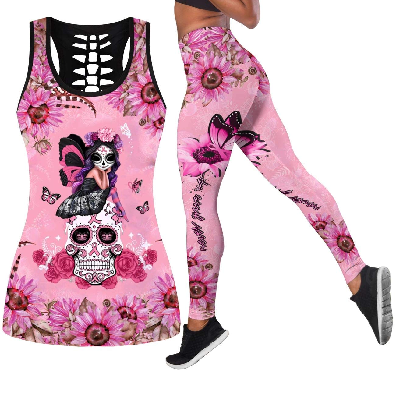 DRZHEAM Women’s Sugar Skull Yoga Outfits for Women 2 Piece Sets, Summer Tank Tops Leggings Workout Activewear for Girls: Medium Pink
