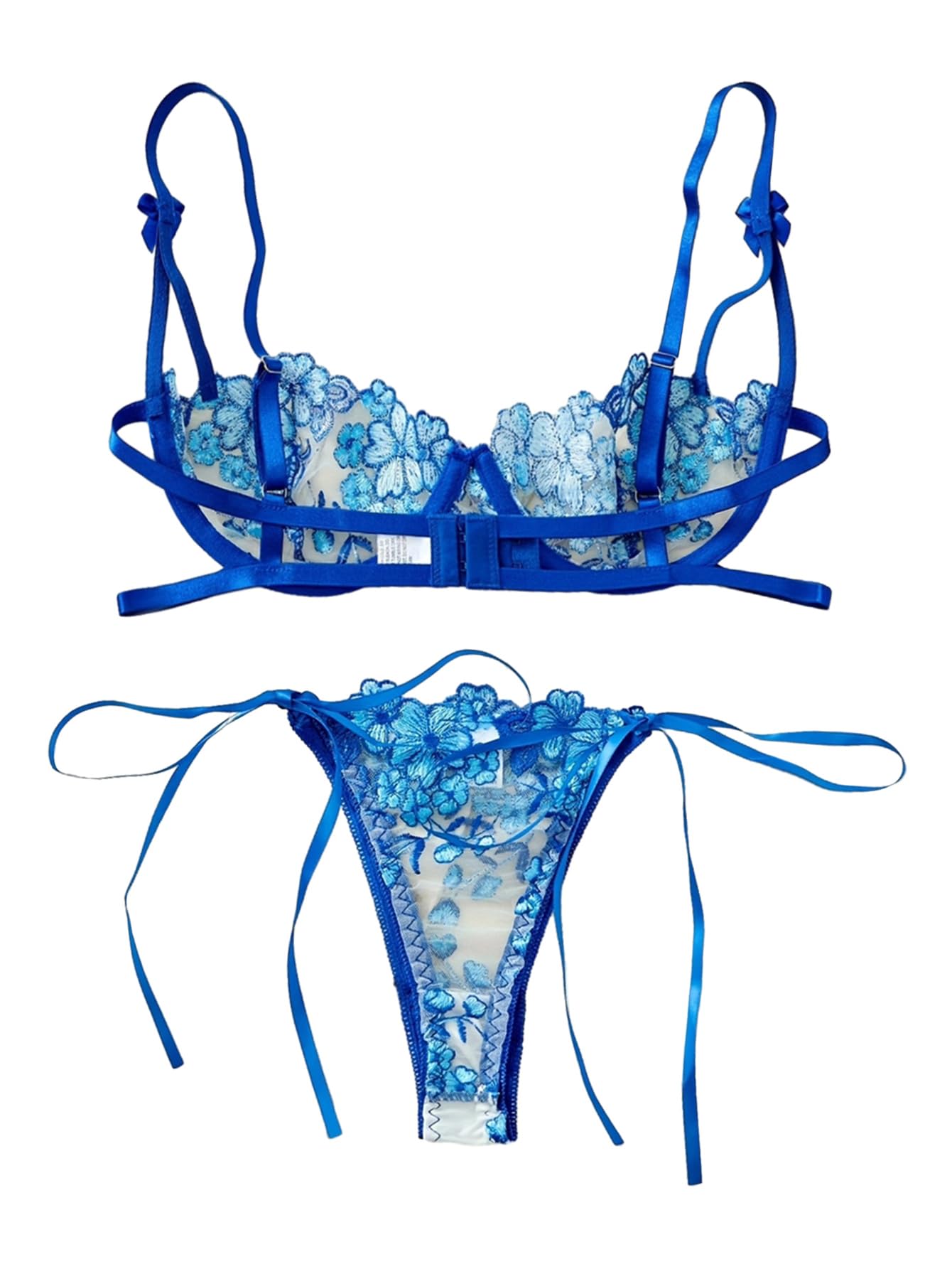 Lilosy Sexy Tie Side Cute Underwire Push Up Strappy Embroidered Mesh Sheer Lingerie Set: Bow 2X-Small Bow Floral Blue