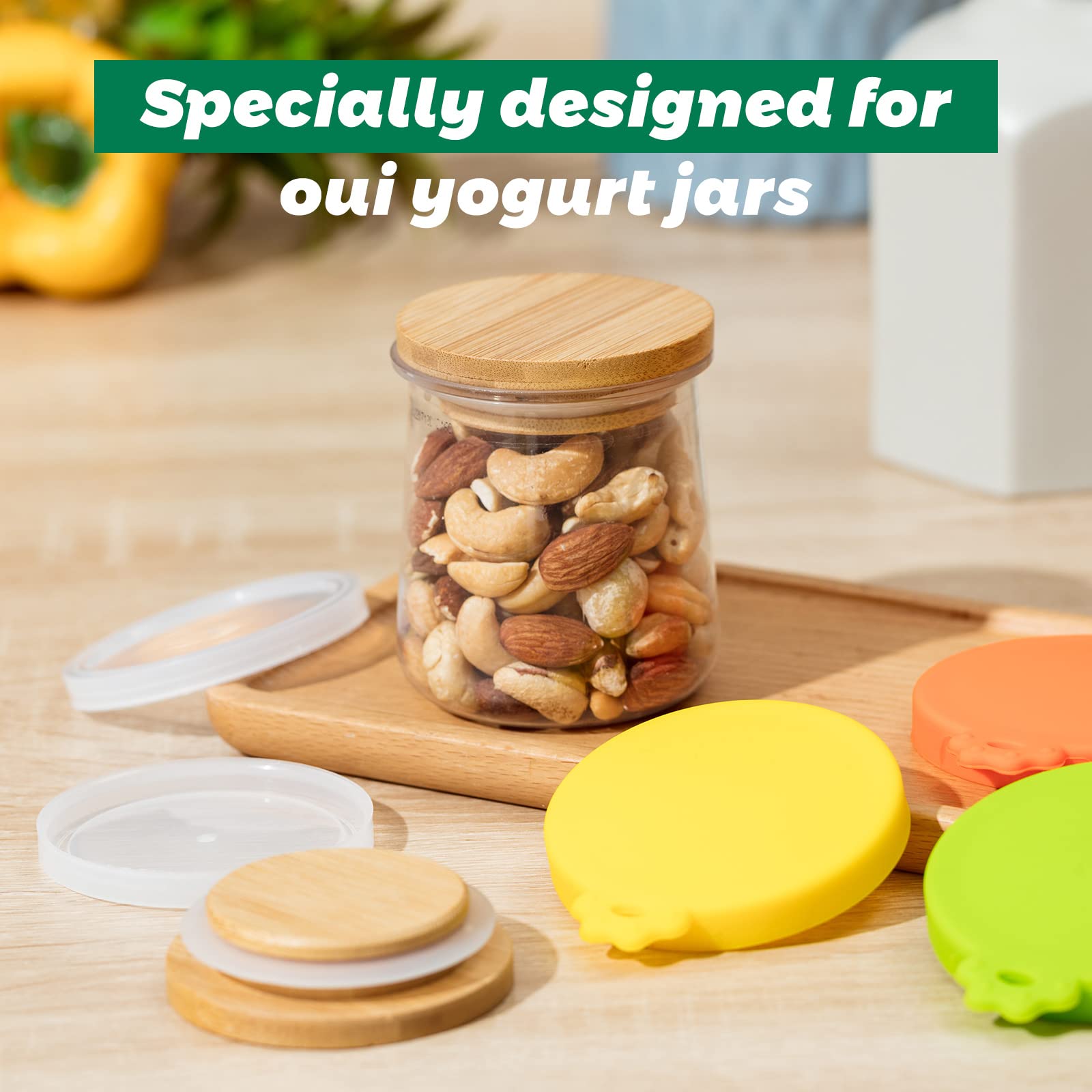 Mumufy 27 Pcs Yogurt Jar Lids Clear Plastic Silicone Bamboo Wood Container Lids with Silicone Sealing Rings Reusable Replacement Covers Compatible with Oui Yogurt Jars thumbnail 2