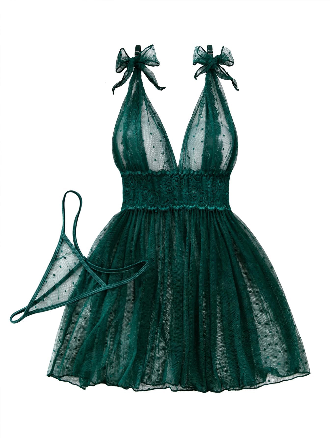Lilosy Sexy Polka Dots Mesh Sheer Lace Babydoll Chemise Lingerie Set Floral Lace Sleep Wear: X-Large Army Green