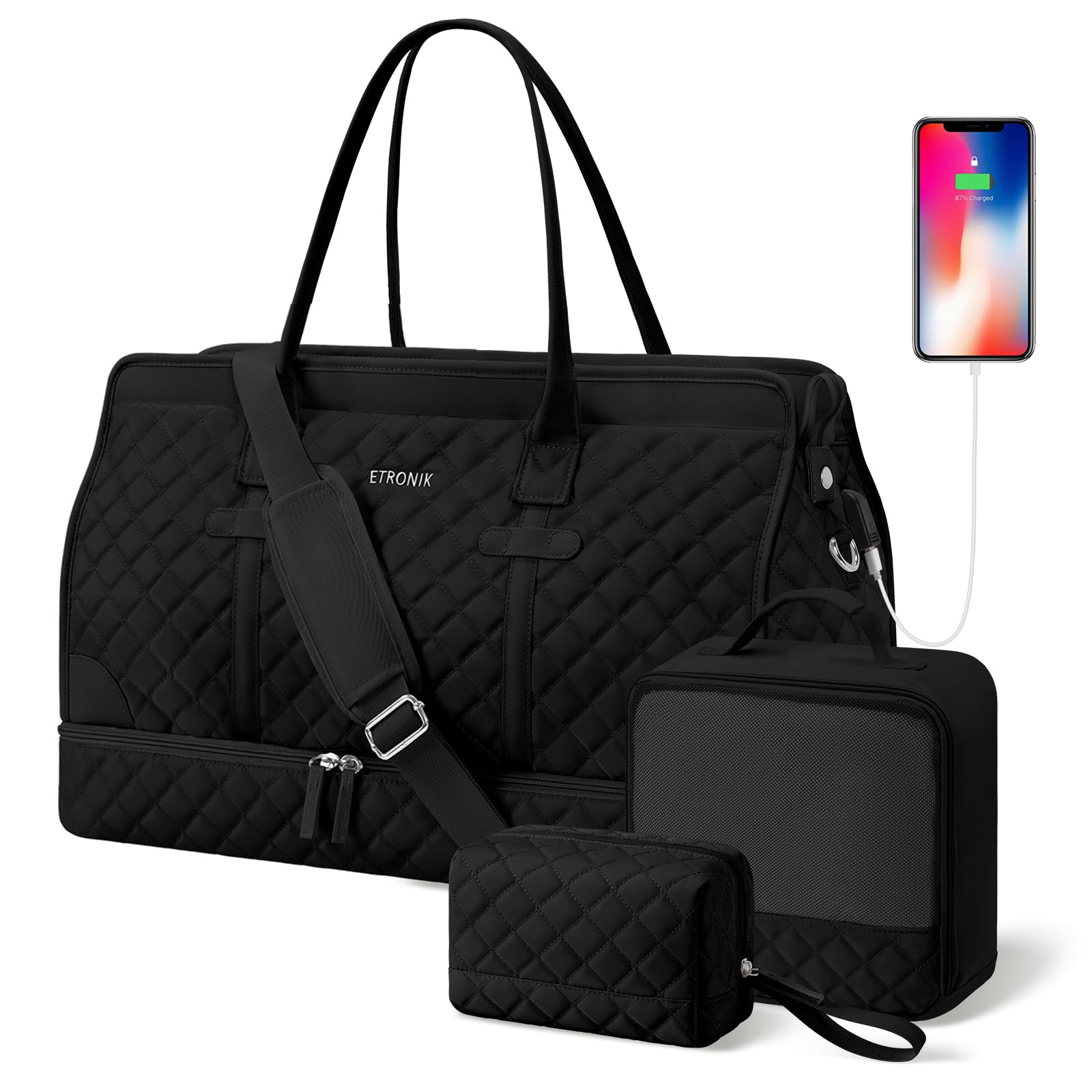 ETRONIK Weekender Overnight Bag for Women, Large Travel Duffle Bag with Shoe Compartment & Wet Pocket, Carry On Tote Bag Gym Duffel Bag with Toiletry Bag for Hospital 3 Pcs Set, XL Size, Dark Black: Extra Large Dark Black