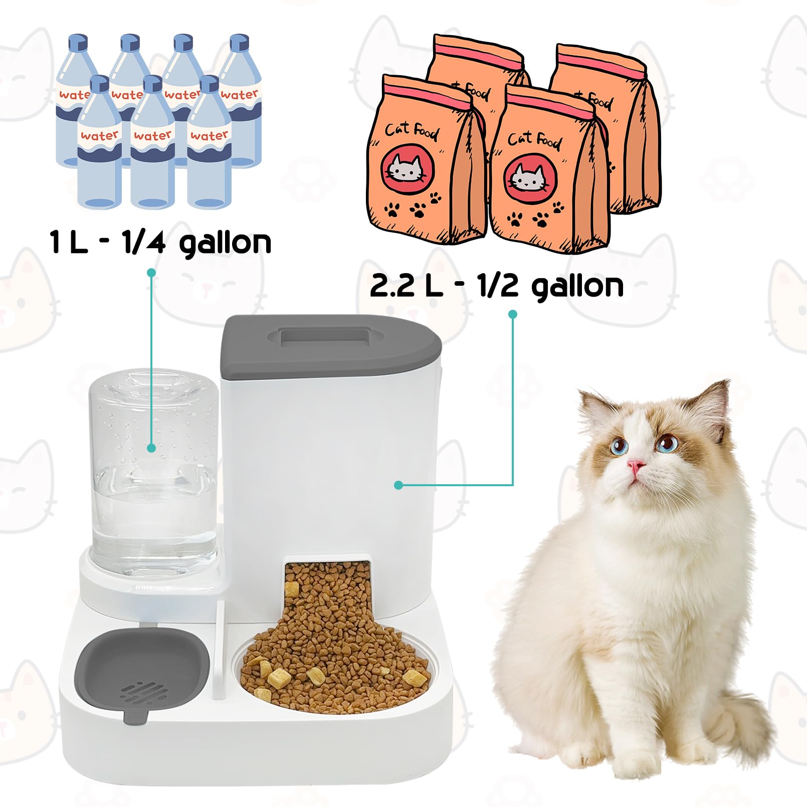 Fhiny Gravity Cat Feeder and Water Dispenser, 2 in 1 Automatic Pet Waterer Detachable Stainless Steel Food Bowls Set Pet Food Storage for Small Dog Puppy Cat Kitten Pet Easy Clean (Grey): Style A Grey-Metal Bowl