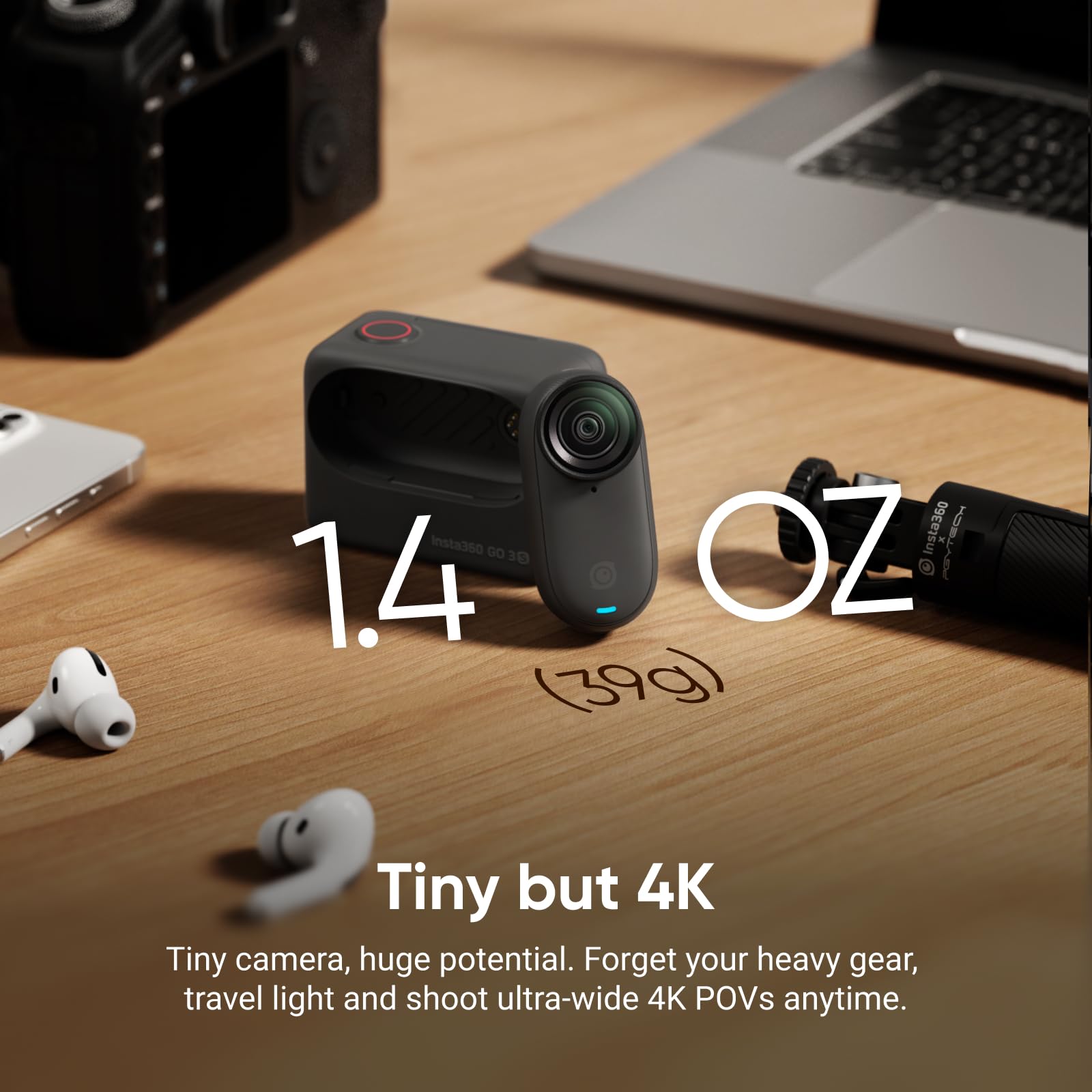 Insta360 GO 3S - 128 GB Black 4K Tiny Portable Vlogging Camera, Hands-Free POVs, Mount Anywhere, Stabilization, 140 Min Battery Life, 10m Waterproof, Pet POV: Black Standard Bundle
