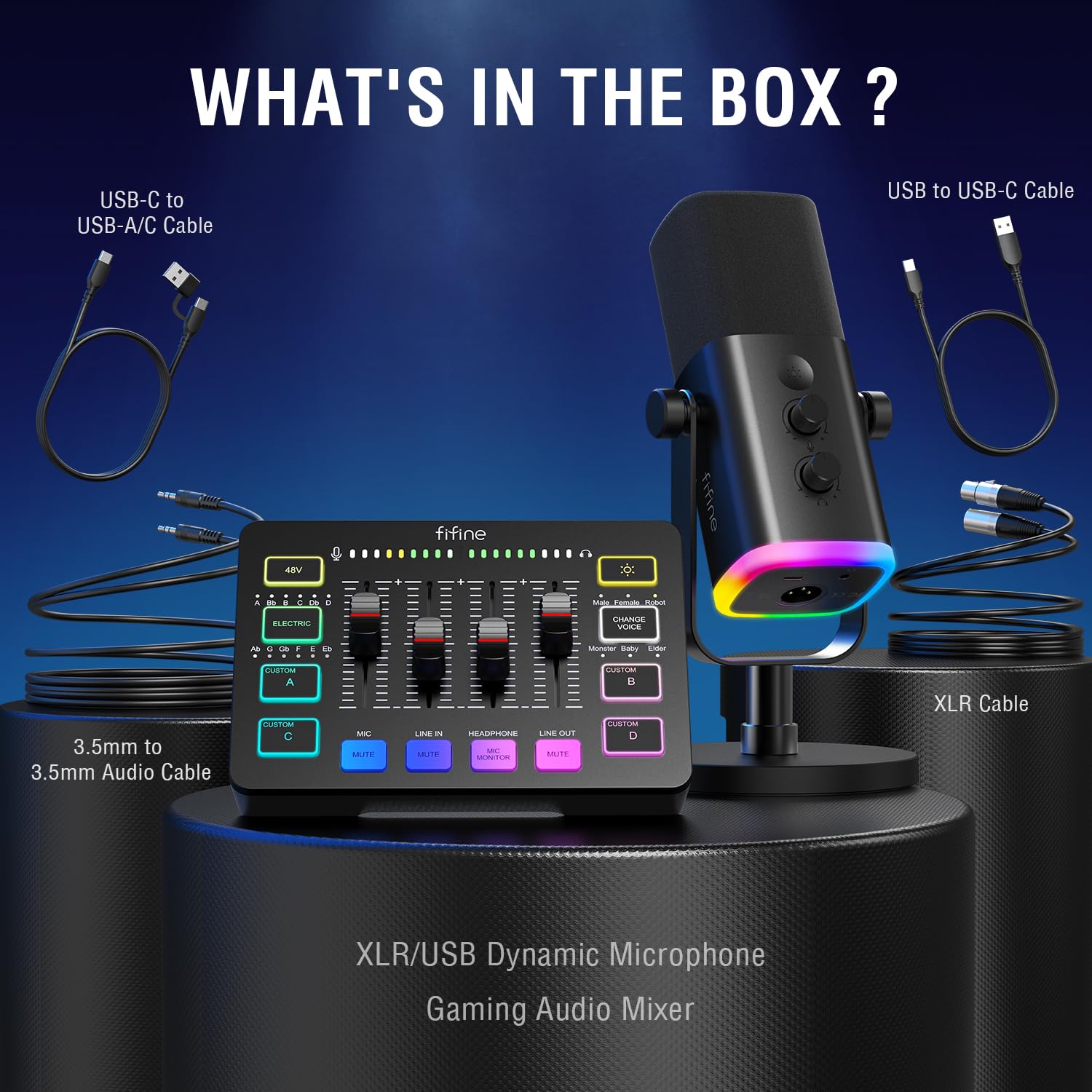 FIFINE Gaming Equipment Bundle, Dynamic XLR/USB Gaming Microphone Set with Streaming Audio Mixer for Podcast Recording Video Vocal, RGB Gamer Set with Volume Fader/XLR Interface for PC-AmpliGame KS5: Black