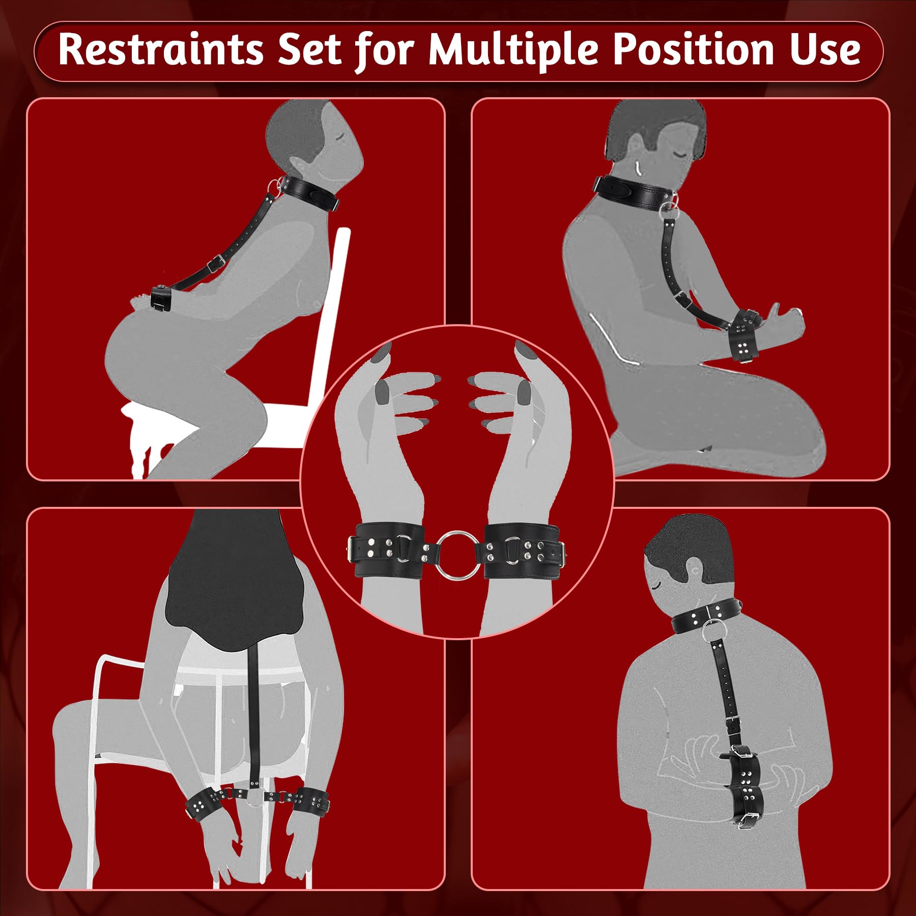 Bondage Neck to Wrist Restraints Sex Toys, BDSM Couple Handcuffs Collar Adjustable with Nipple Clamps Ball Gag Sex Whip, Sex Bondage Set Adult Toys for Couples