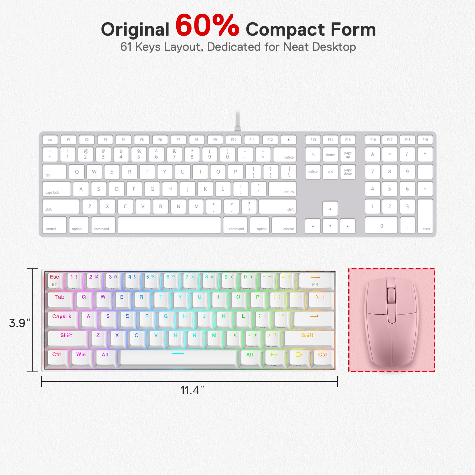 Redragon K530 Pro Draconic 60% Wireless RGB Mechanical Keyboard, BT/2.4Ghz/Wired 3-Mode 61 Keys Compact Gaming Keyboard w/Hot-Swap Socket, Free-Mod Plate Mounted PCB & Clicky Blue Switch: Blue Switch White