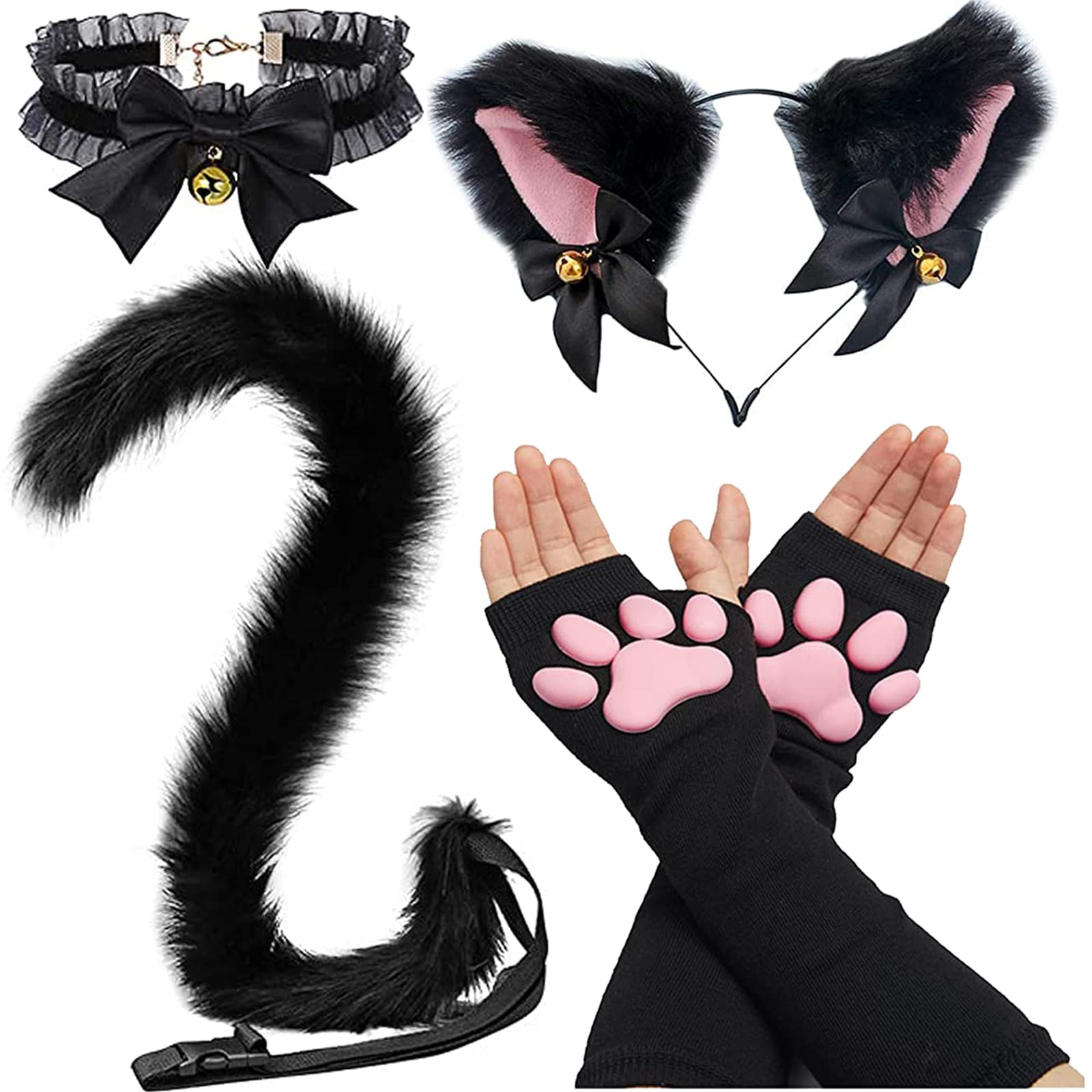 HOMEGYMFREE Cute Cat Paw Mittens Gloves, Kawaii Cat Cosplay Kawaii Soft 3D Toes Beans Fingerless Cat Claw Paws Pad Sleeve: 4 Pcs Black