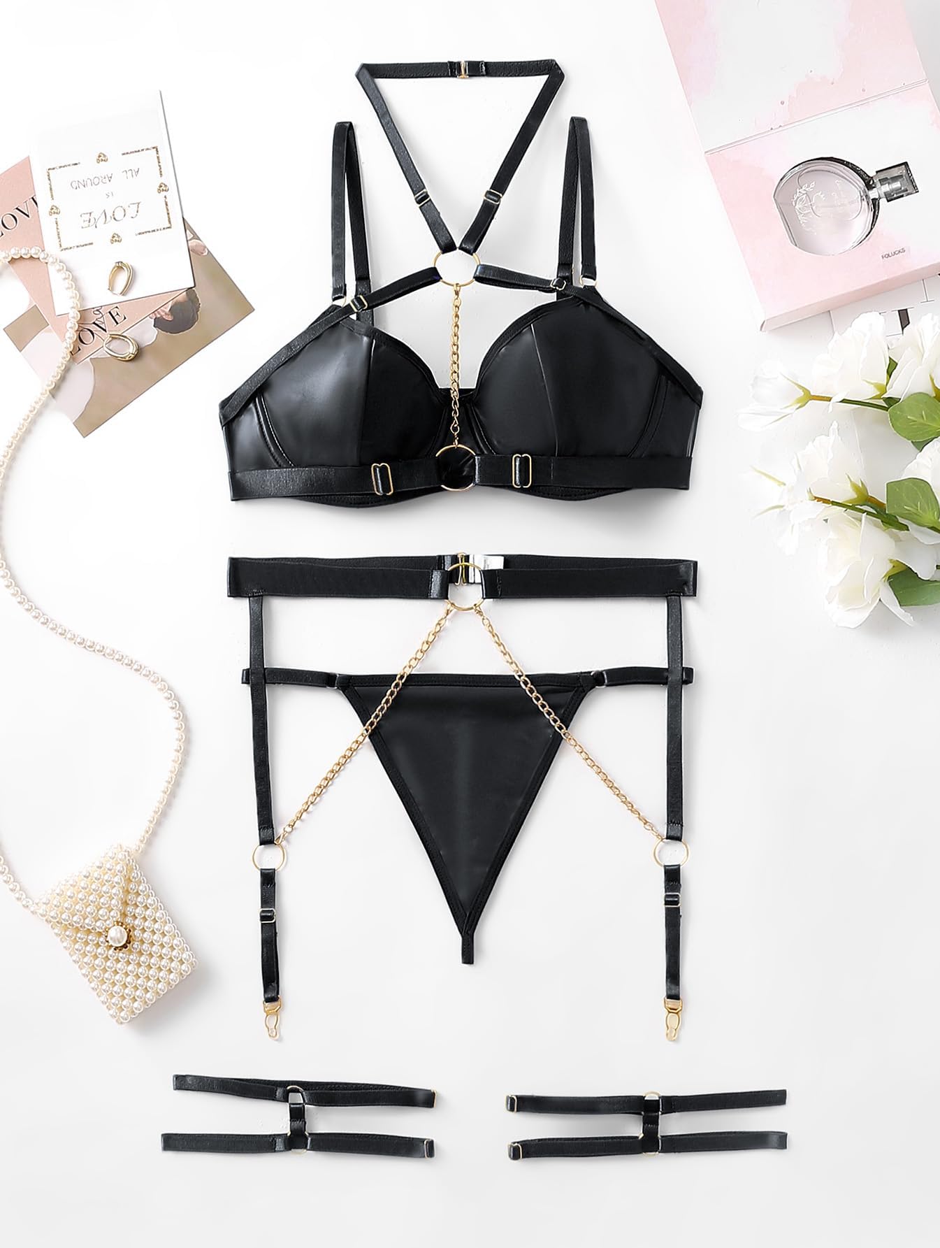 Lilosy Sexy Pu Leather Strappy Underwire Garter Belt Lingerie Set: Large Black