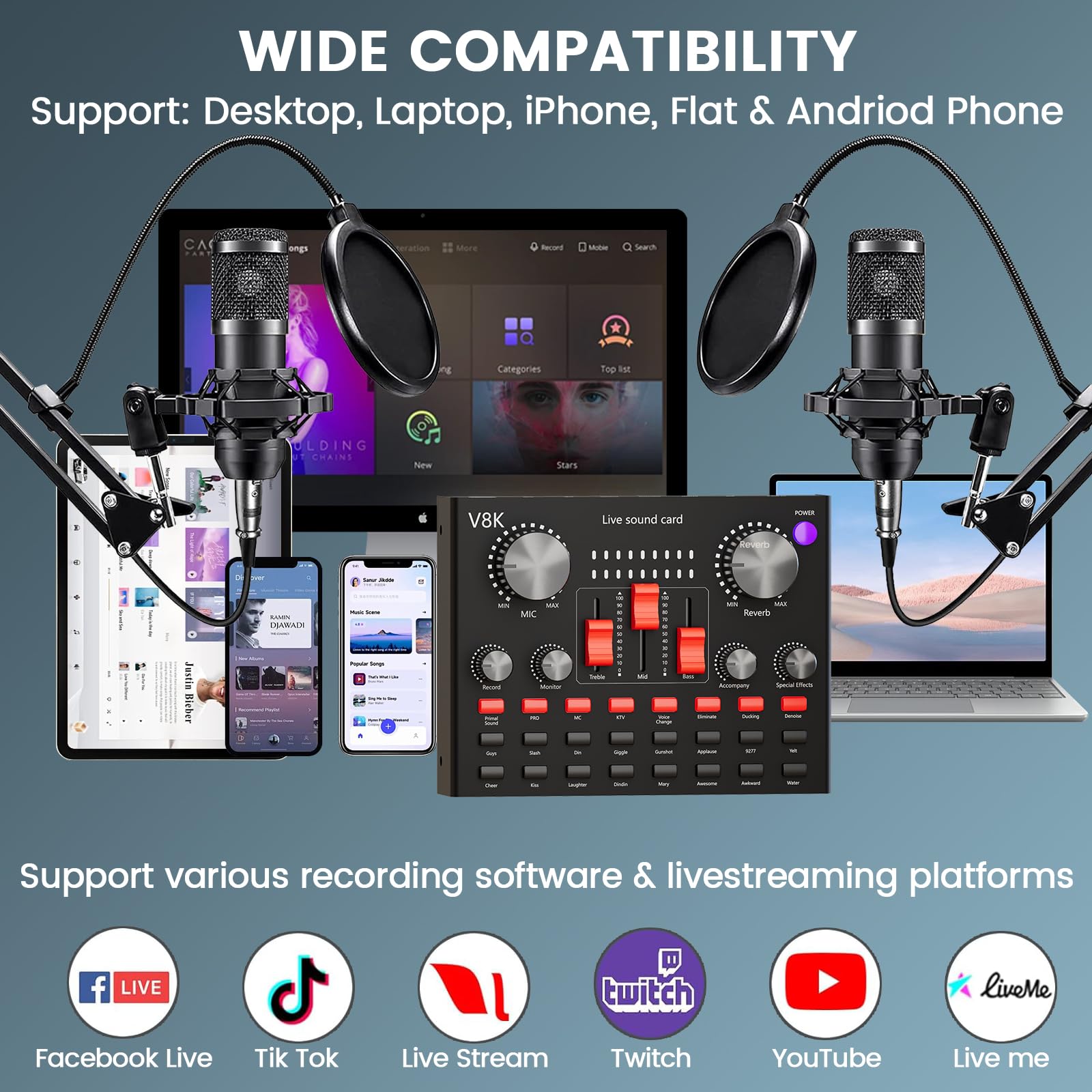 Brvomussy Podcast Equipment Bundle for 2, Audio Interface with Voice Changer Condenser Microphone for Gamer, All-in-One Audio Mixer Perfect for Live Streaming, Singing, YouTube, Gaming