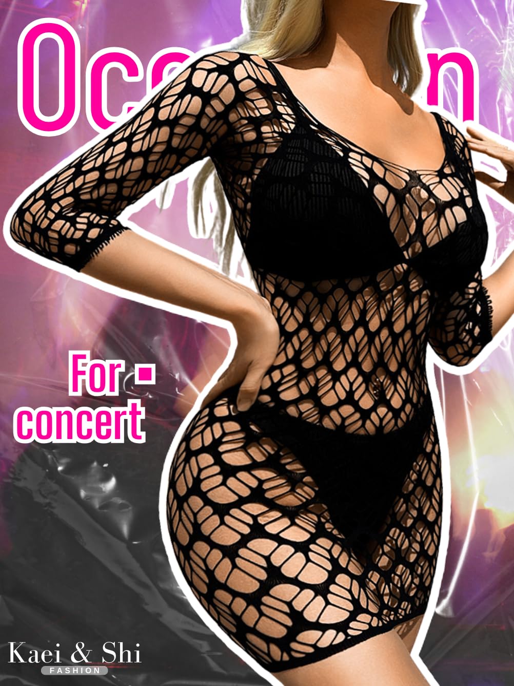 Kaei&Shi Sexy Outfits, Hollow Out, Sheer Mesh, Bodycon Mini Dress: Black