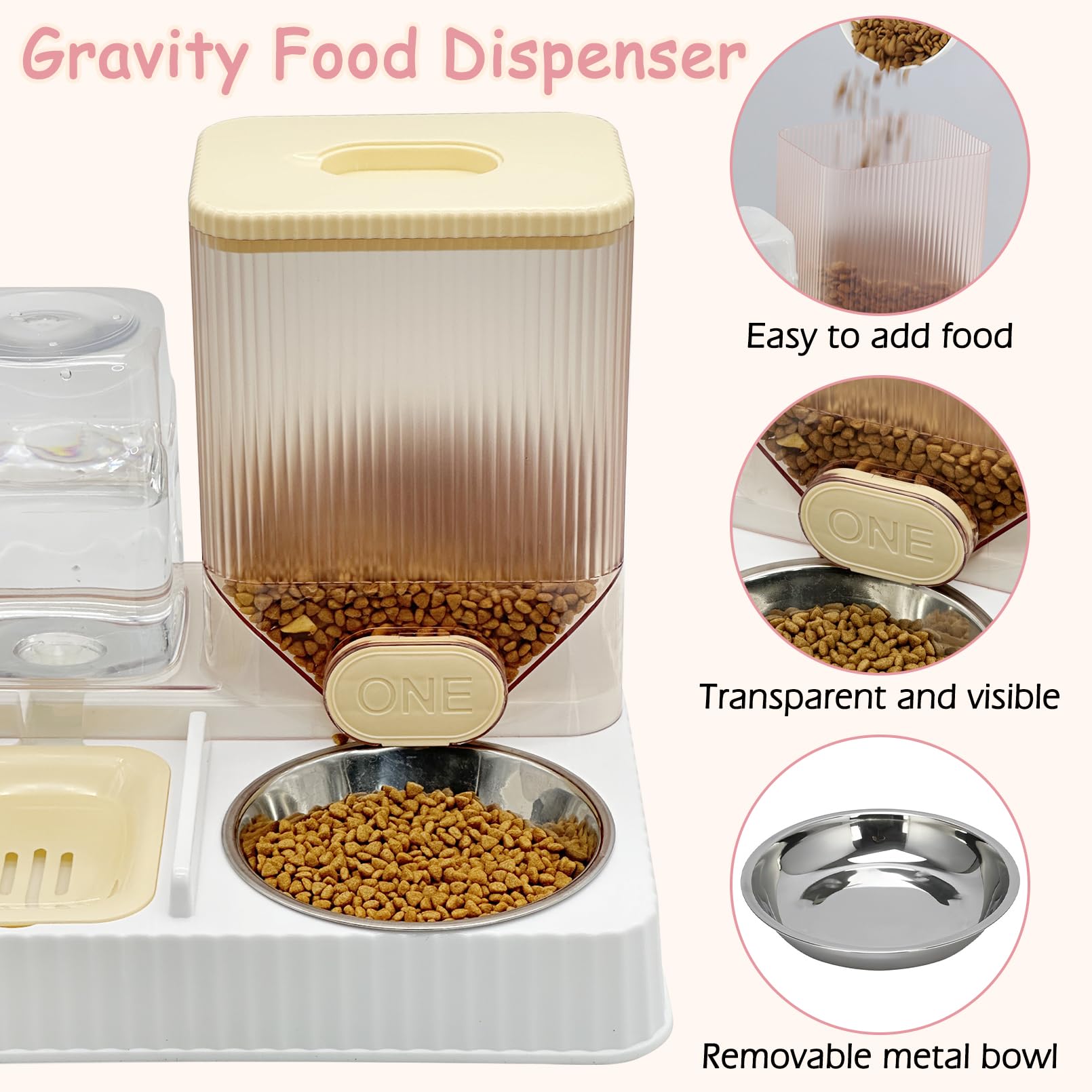Fhiny Gravity Cat Feeder and Water Dispenser, 2 in 1 Automatic Pet Waterer Detachable Stainless Steel Food Bowls Set Pet Food Storage for Small Dog Puppy Cat Kitten Pet Easy Clean (Grey): Style E Yellow-Metal Bowl