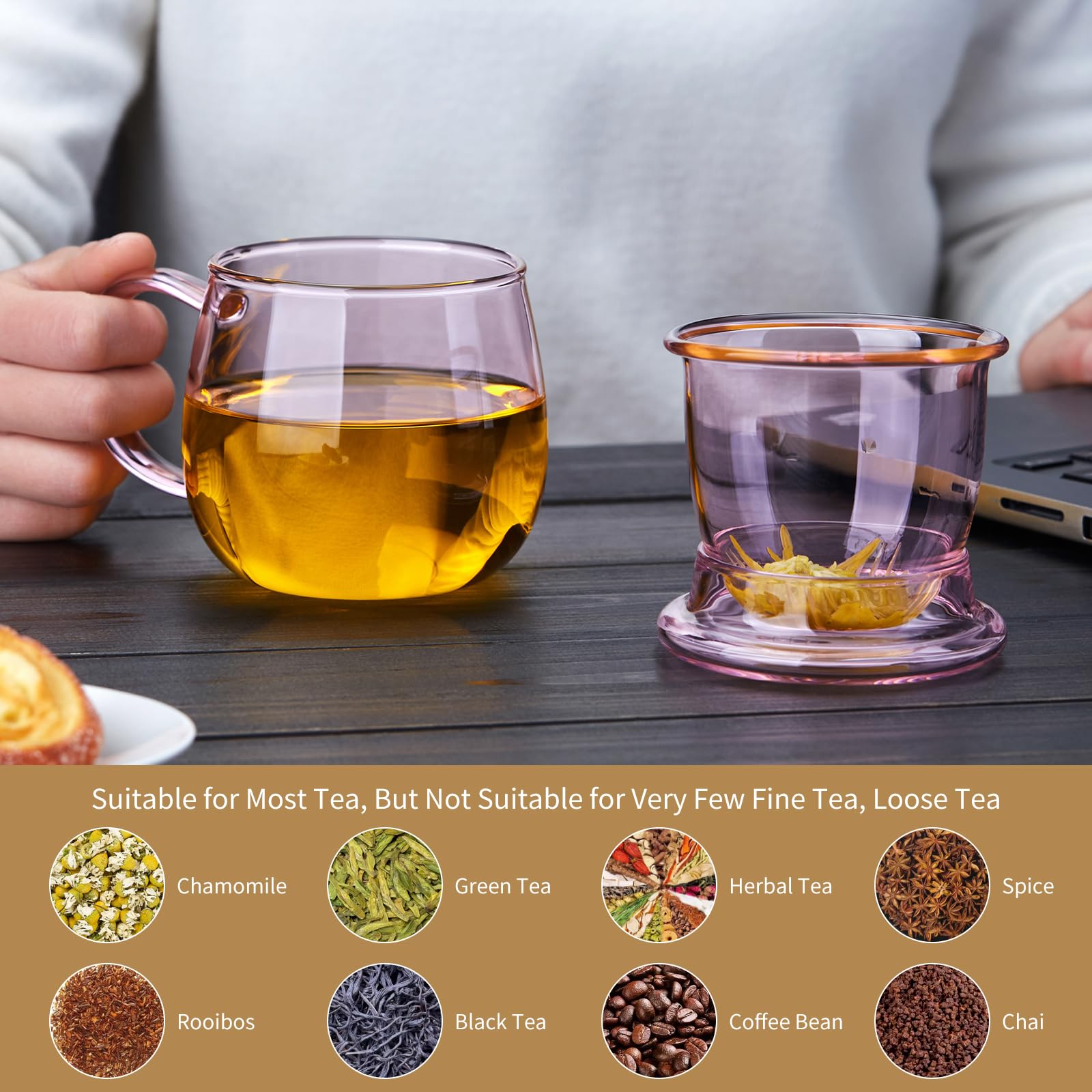 DOPUDO Glass Tea Cup with Infuser and Lid, 17.6oz/520ml Large Borosilicate Teacup,Tea Glass, Clear Mug for Loose Leaf Tea, Blooming Tea, Microwave & Dishwasher Safe - Tea Maker Gift for Birthday: Glass 11OZ