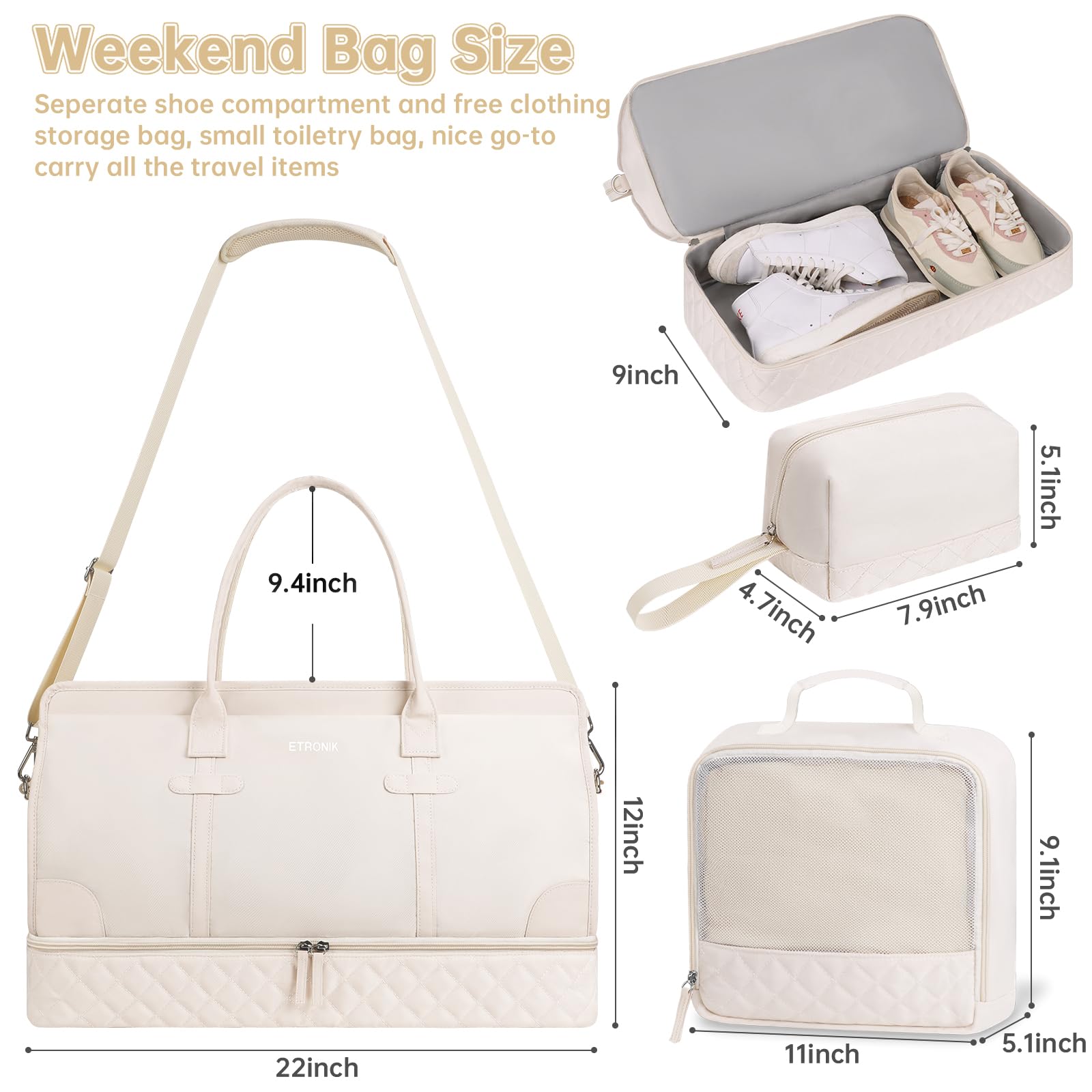 ETRONIK Weekender Overnight Bag for Women, Large Travel Duffle Bag with Shoe Compartment & Wet Pocket, Carry On Tote Bag Gym Duffel Bag with Toiletry Bag for Hospital 3 Pcs Set, XL Size, Dark Black: Extra Large Beige
