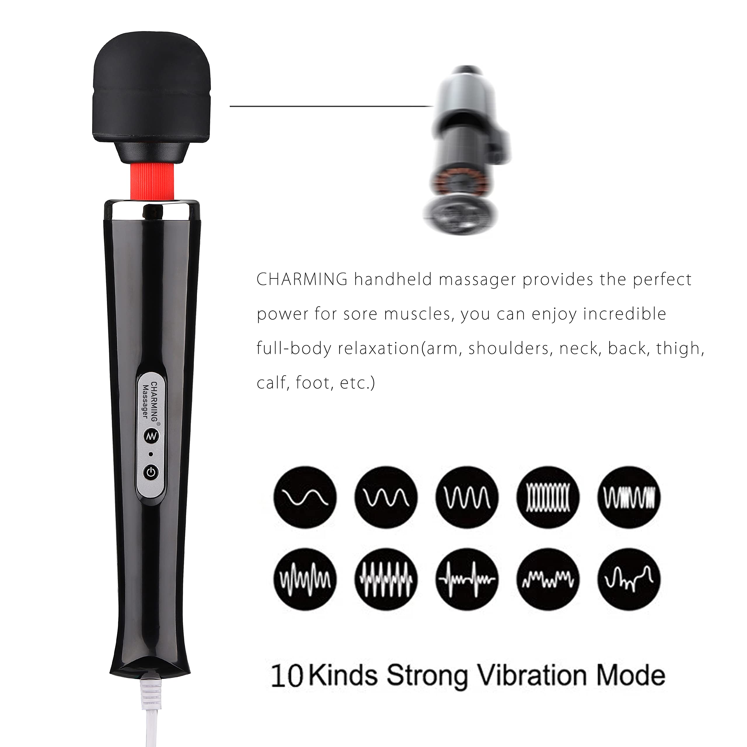 CHARMING Wired Powerful Handheld Massager with Strong 10 Vibrations Back Massage, Personal Therapy Massager for Sports Recovery, Muscle Aches, Full Body Pain (): Black