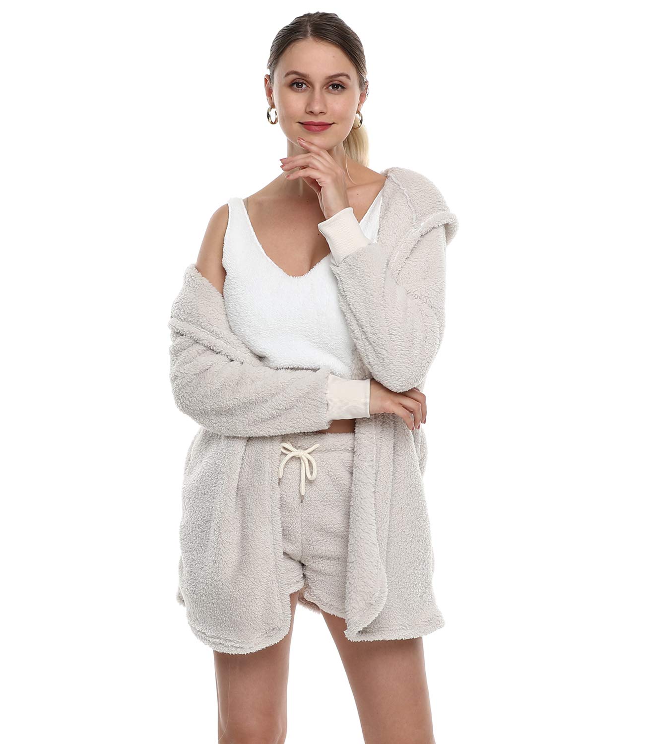 VNVNE Womens Sexy Fuzzy Warm Sherpa Fleece 3 Piece Outfit Fleece Coat Jacket Outwear and Spaghetti Strap Crop Top Shorts Set: 3X-Large White