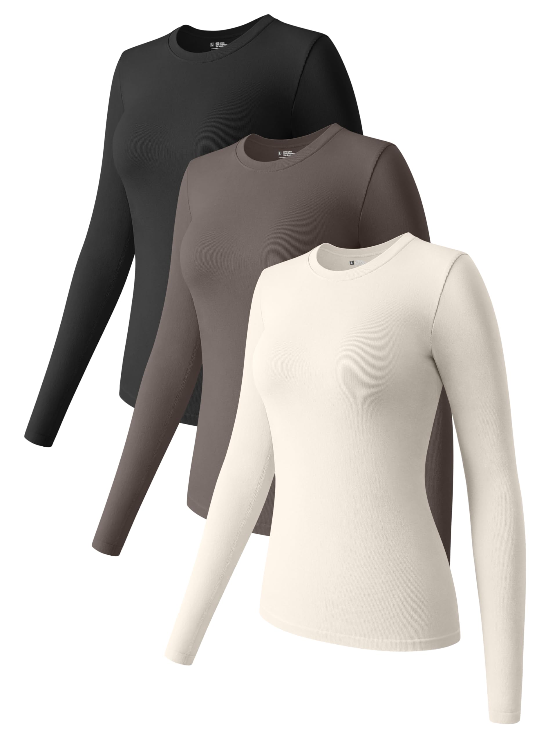 OQQ Womens 3 Piece Long Sleeve Tops Crew Neck Stretch Fitted Underscrubs Layer Tee Shirts 2025 Casual Outfits: Small Black,tea Leaf,beige