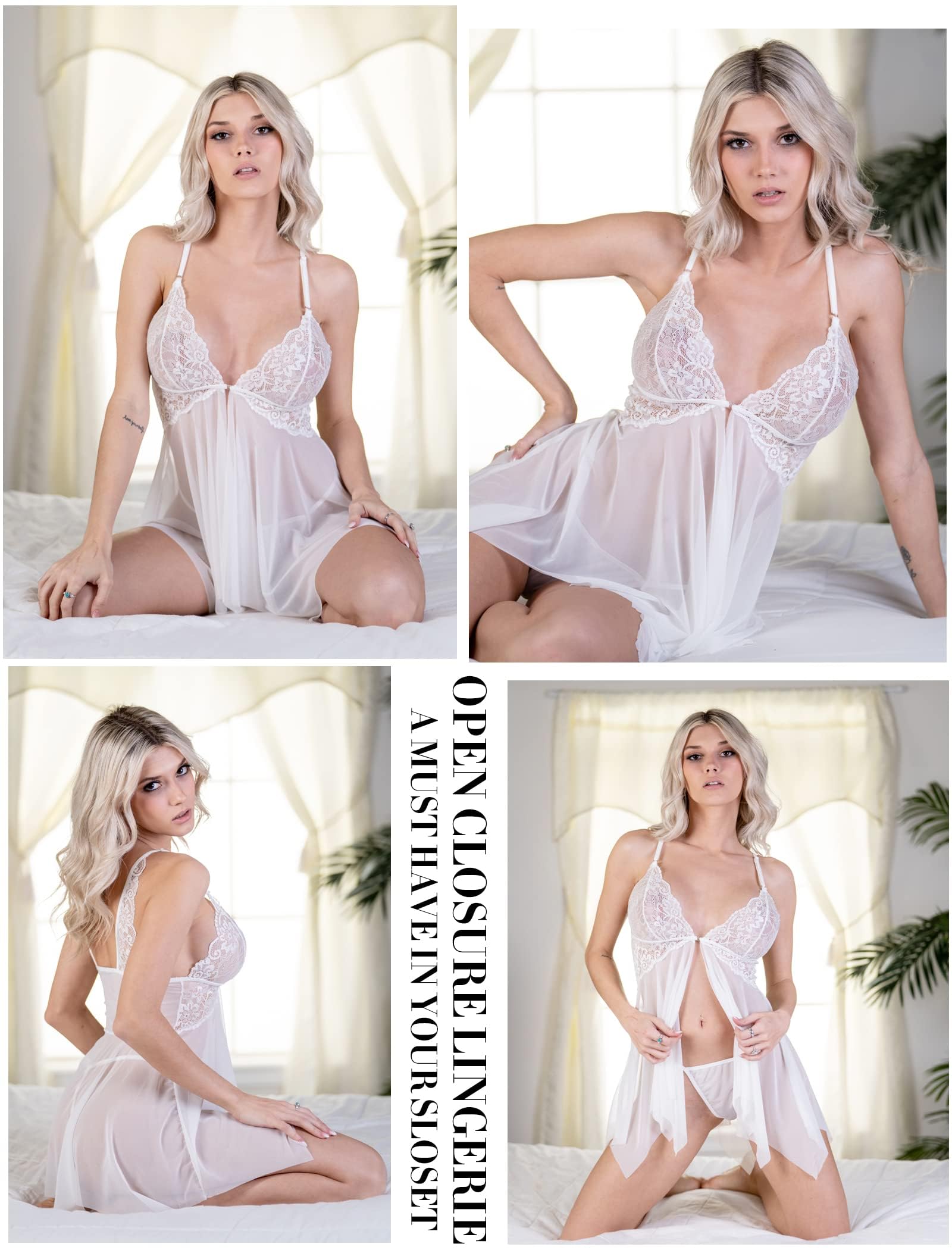 Avidlove Women Lace Lingerie Front Closure Babydoll V Neck Nightwear Sexy Chemise Nightie: 3X-Large A White