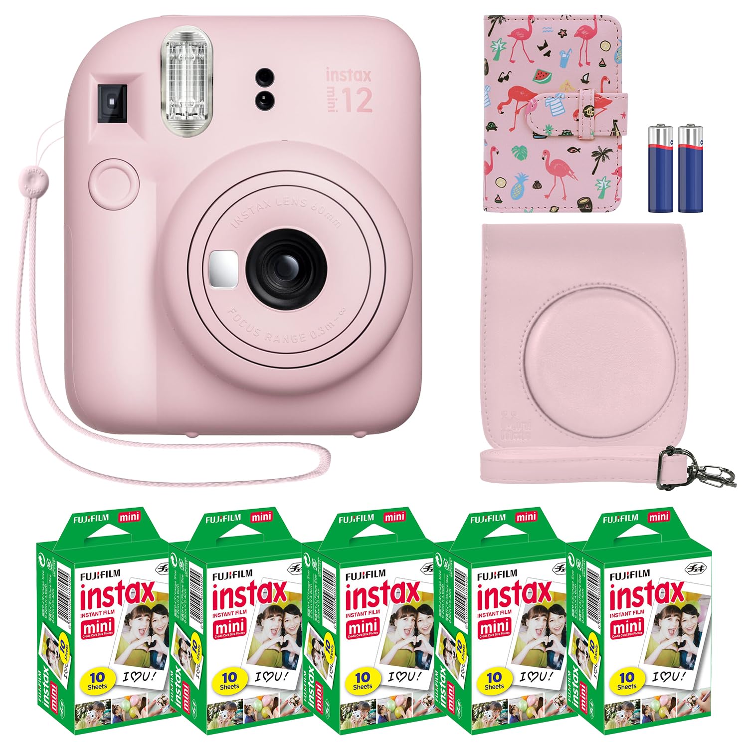 Fujifilm Instax Mini 12 Instant Camera + MiniMate Accessory Bundle & Compatible Custom Case + Fuji Instax Film Value Pack (50 Sheets) Flamingo Designer Photo Album (): Blossom Pink