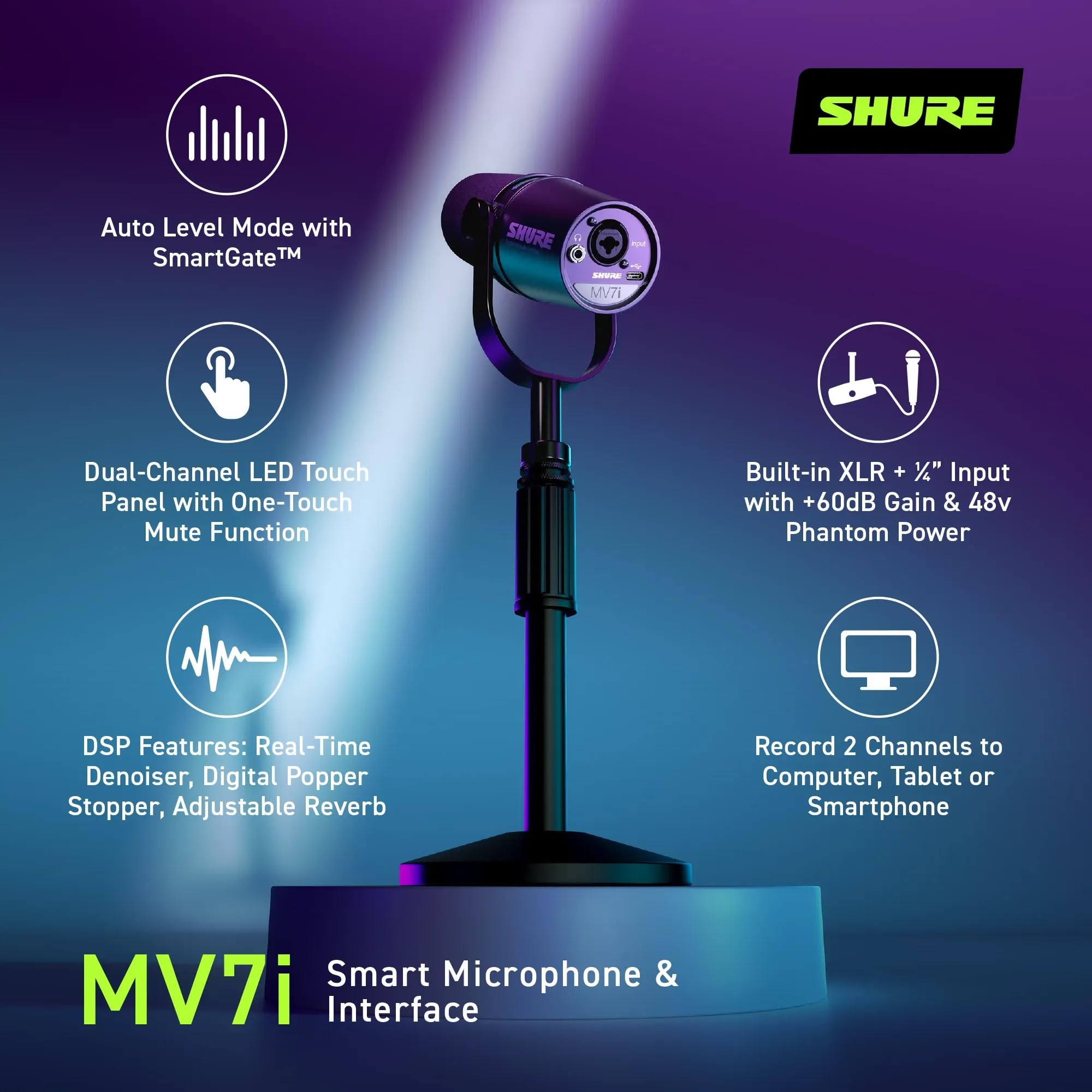 Shure MV7+ Podcast Dynamic Microphone. OBS Certified, Enhanced Audio, LED Touch Panel, USB-C & XLR Outputs, Auto Level Mode, Digital Pop Filter, Reverb Effects, Podcasting, Streaming, Recording -White: Interface