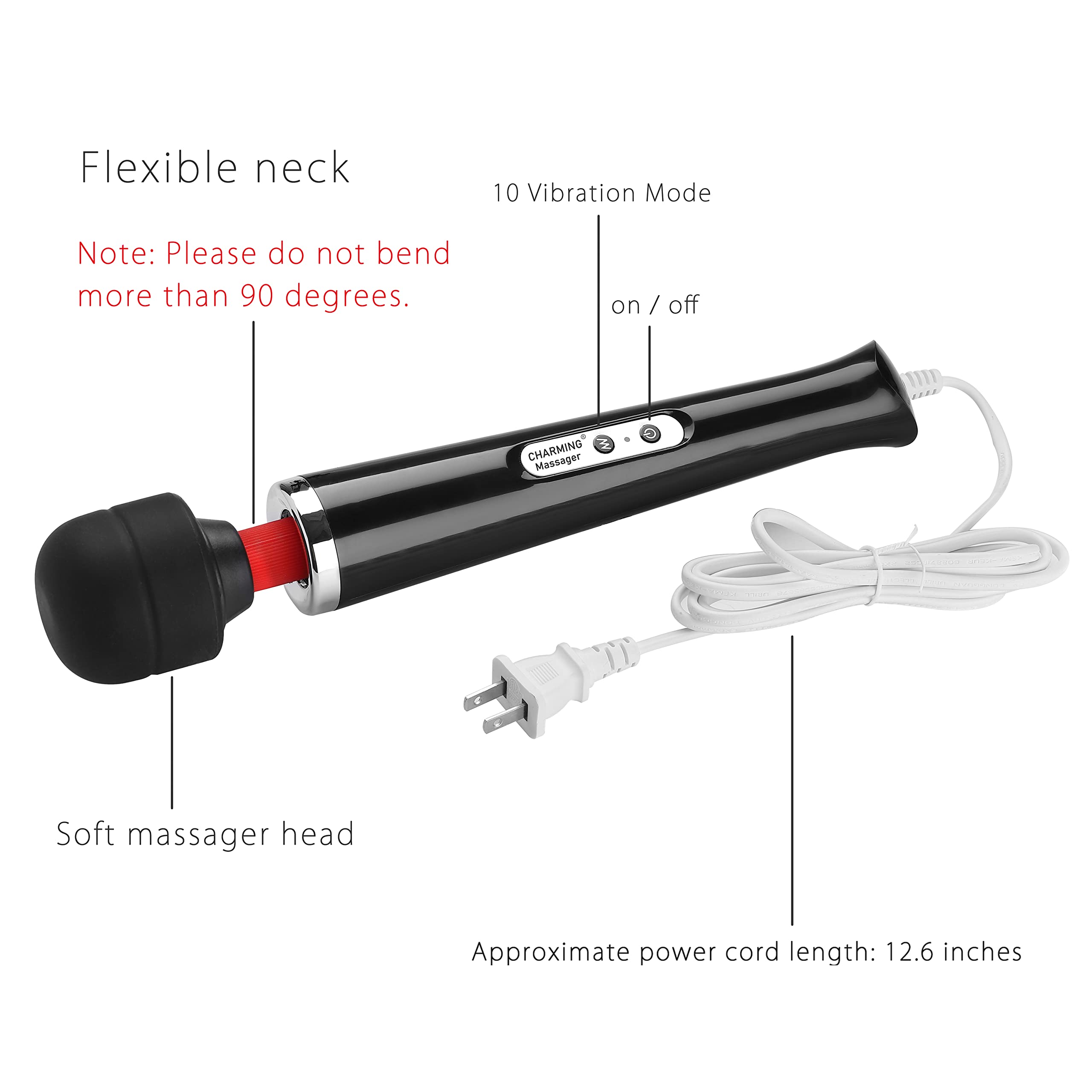 CHARMING Wired Powerful Handheld Massager with Strong 10 Vibrations Back Massage, Personal Therapy Massager for Sports Recovery, Muscle Aches, Full Body Pain (): Black