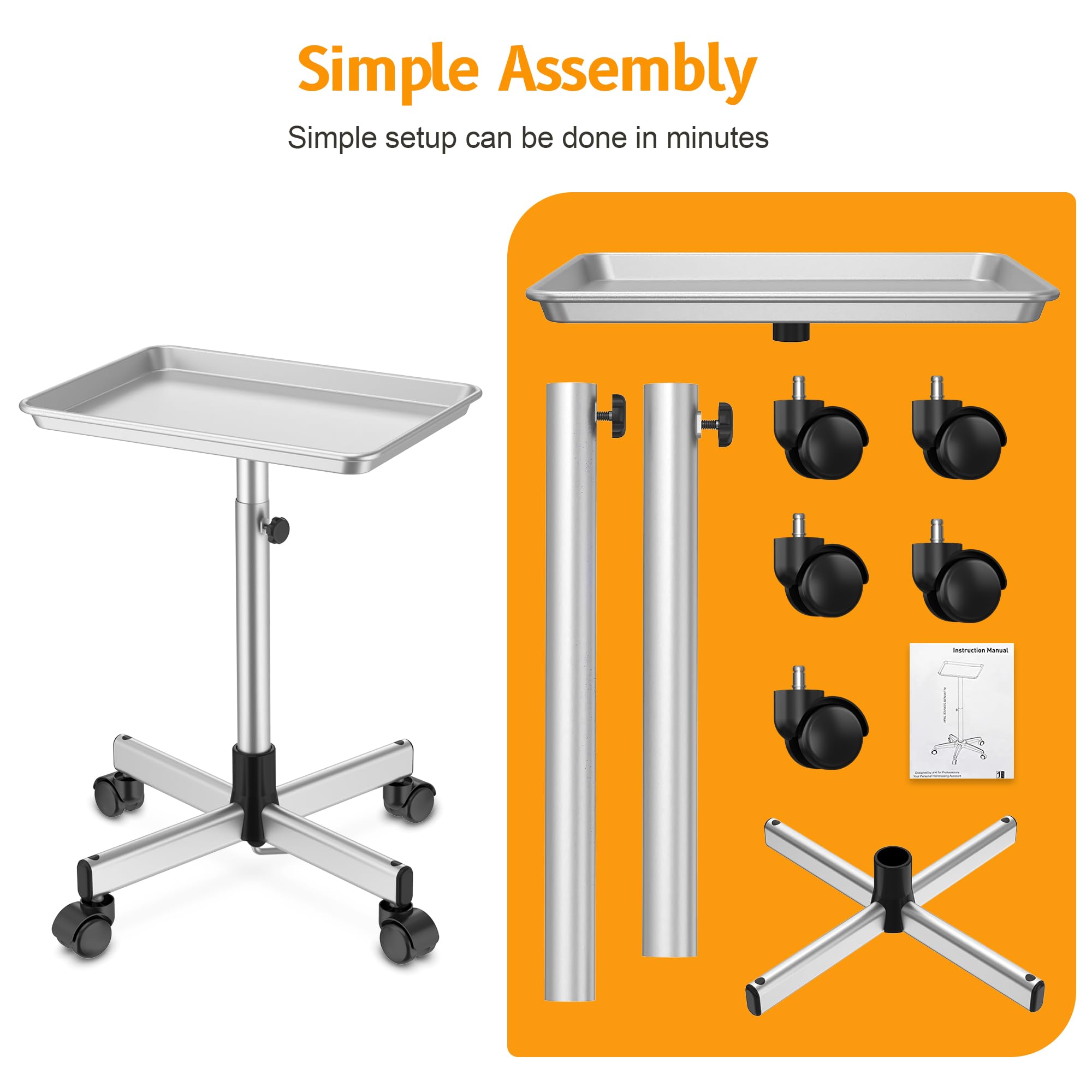 DEER BEAUTY Salon Tray on Wheels - Premium Aluminum Tattoo Tray Rolling Trolley - Adjustable Salon Service Rolling Tray Hairdresser Cart with Clinic Spa Rolling Tray Wheels ()