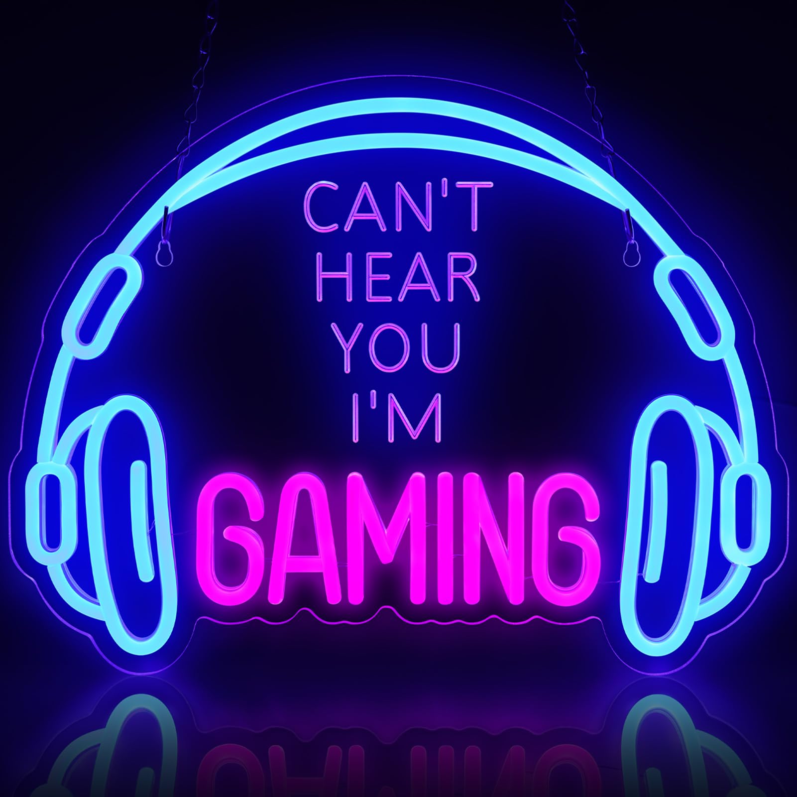 Gaming Neon Sign, Large Bright and Dimmable Colored LED Headset Gamer Neon Light and USB Powered Headphone Lightup Game Signs for Game Zone Video Room Boy Bedroom Wall Decor (): Can't Hear You I'm Gaming