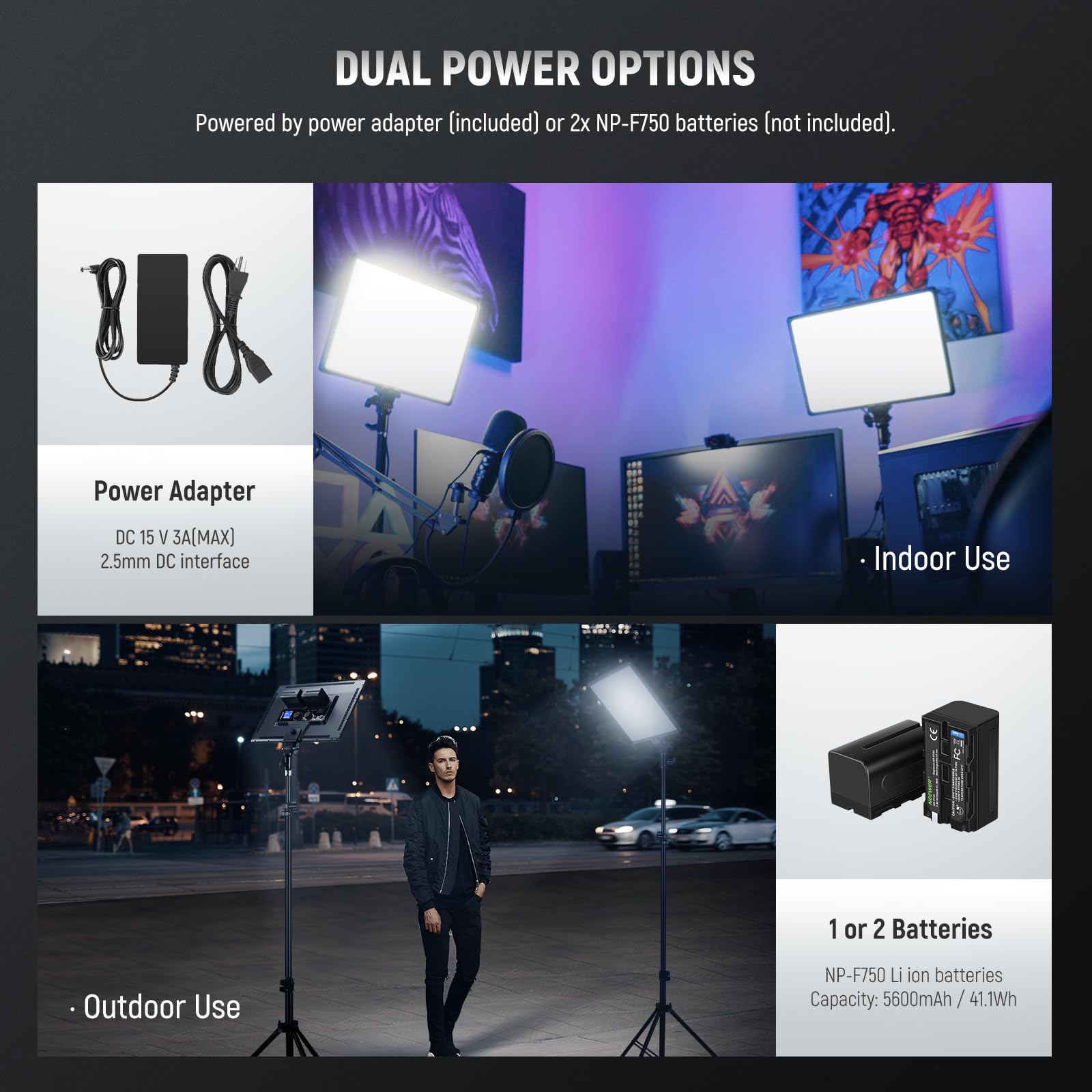 Neewer 13" Led Video Light Panel Kit, 2 Pack Dimmable Bi Color Soft Key Lighting with Tripod Stand, 8000mAh Battery, 3200~5600K CRI97+ 2400Lux for Game/Streaming/YouTube Recording/Studio Photography: NL-288ARC