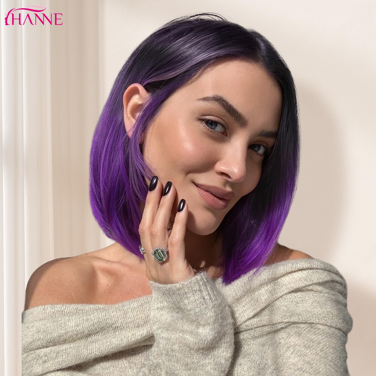 HANNE Ombre Black to Purple Wig Short Bob Wigs Shoulder Length Bob Hair Short Straight Hair Bob Wigs for Women Ombre Purple Wig (Ombre Purple): Black to Purple