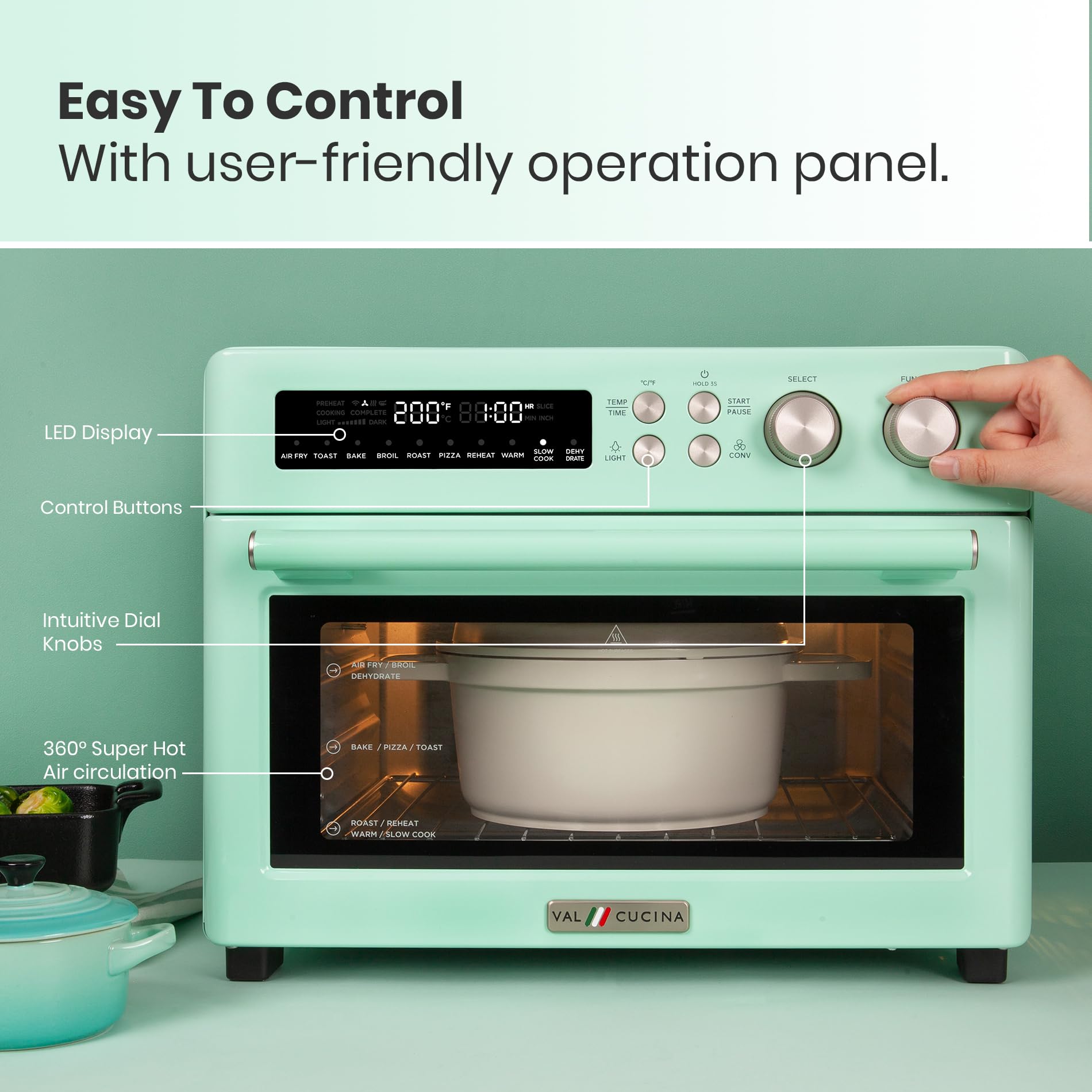 VAL CUCINA Retro Style Infrared Heating Air Fryer Toaster Oven, Extra Large Countertop Convection Oven 10-in-1 Combo, 6-Slice Toast, Enamel Baking Pan Easy Clean with Recipe Book, Green Color
