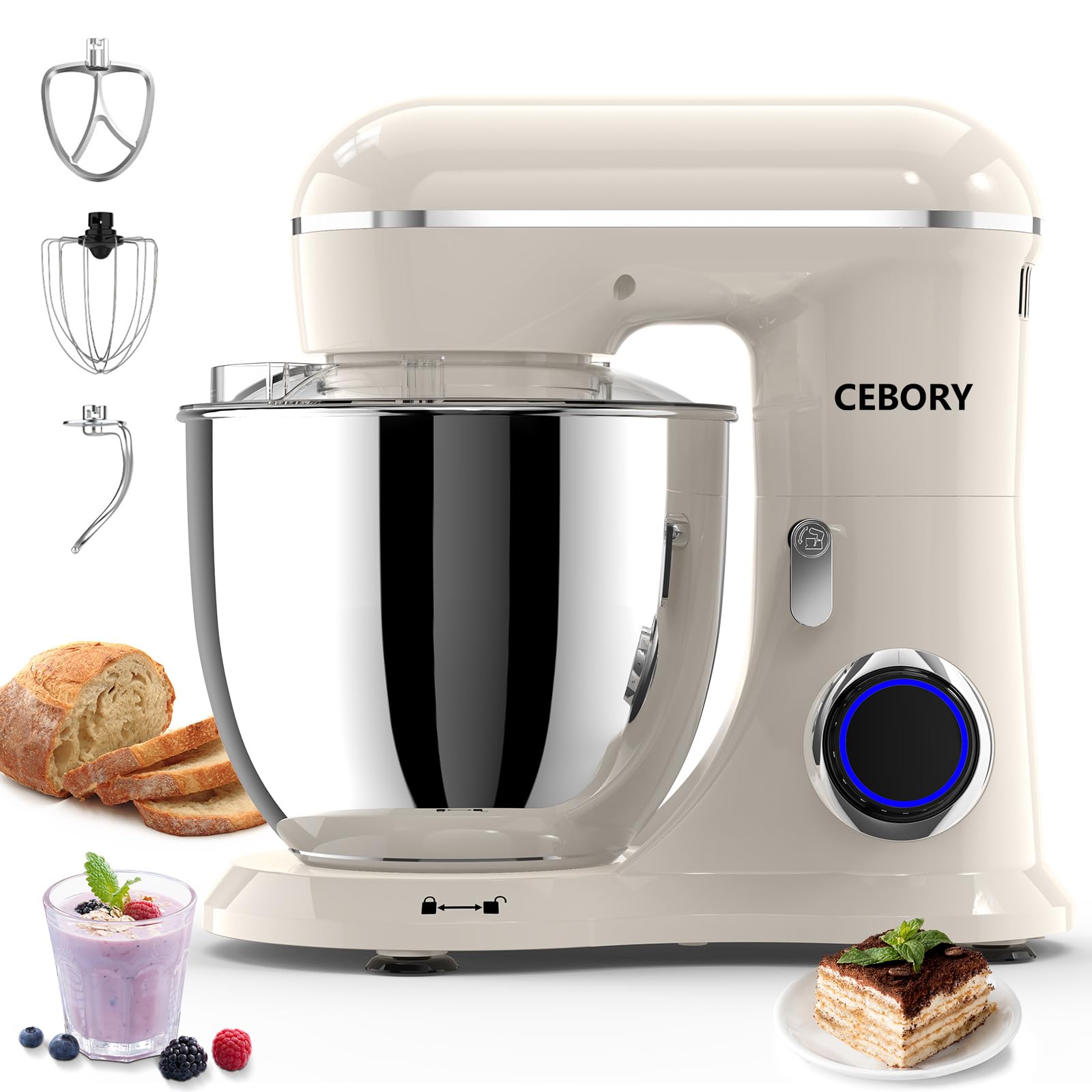 CEBORY 3-IN-1 Electric Stand Mixer, 6.5QT Bowl 660W 10-Speed Kitchen Mixer, Household Food Mixers include Dough Hook, Beater and Whisk, Bread Cake Mixer for Baking and Most Home Cooks,: Almond Cream