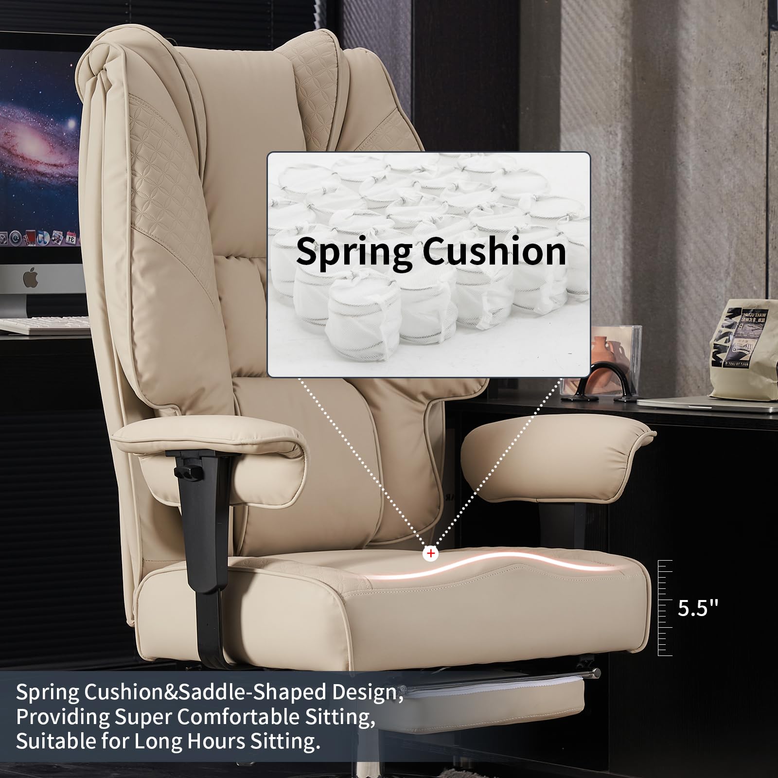 Big and Tall Office Chair 400lbs Wide Seat, Leather High Back Executive Office Chair with Foot Rest, Ergonomic Chairs Lumbar Support for Lower Back Pain Relief (): Beige