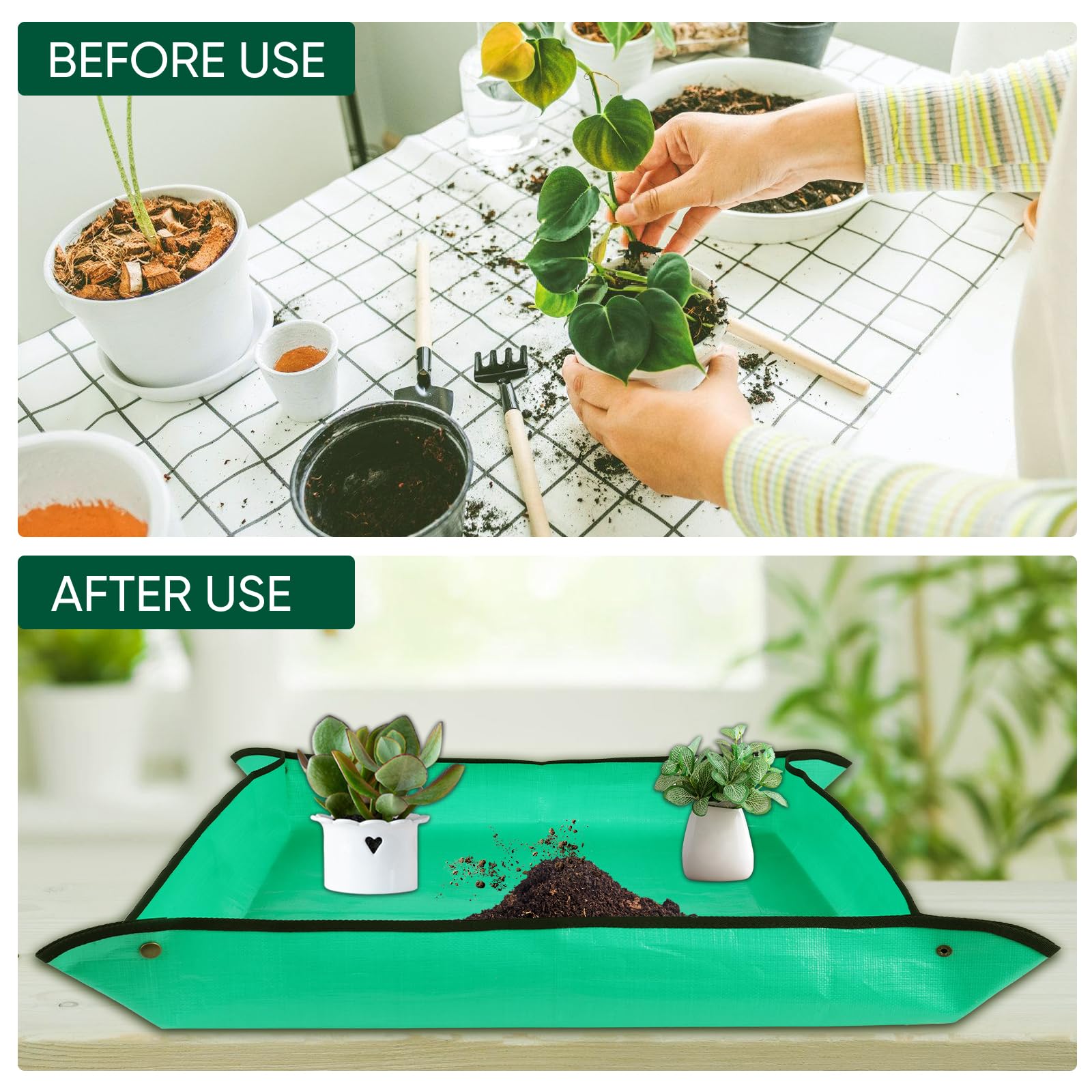 LCHUANG Repotting Mat for Indoor Plant Transplanting - 26'' x 26'' Planting Soil Mess Control, Portable Succulent Potting Tray Waterproof Gardening Mat (Pale Green): 26 x 26"