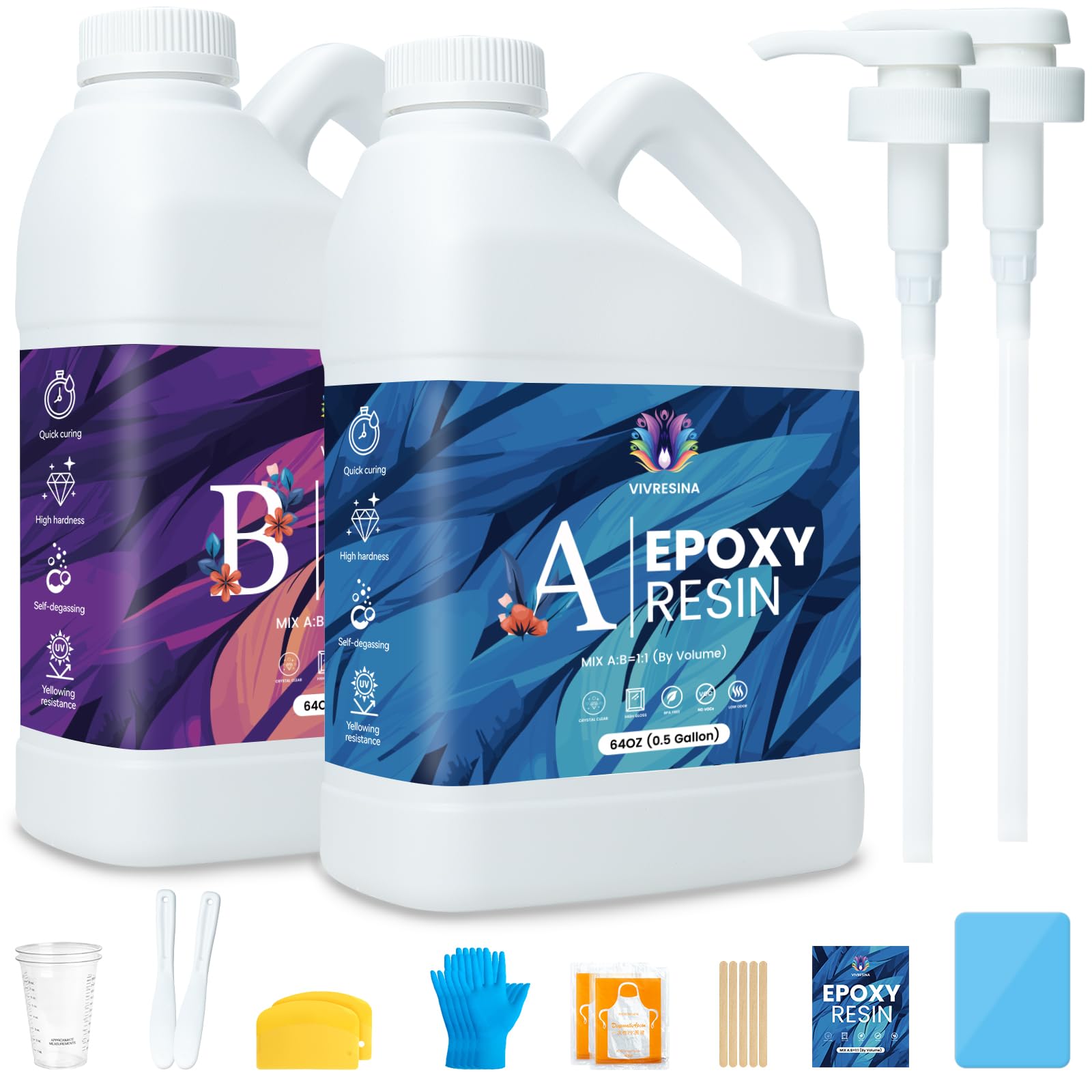 Epoxy Resin 1 Gallon Kit with Pump High Glossy Food Safe Crystal Clear Bubble Free No Yellowing Easy Mix 1:1 for Craft DIY Jewelry Art Casting: 1 GALLON