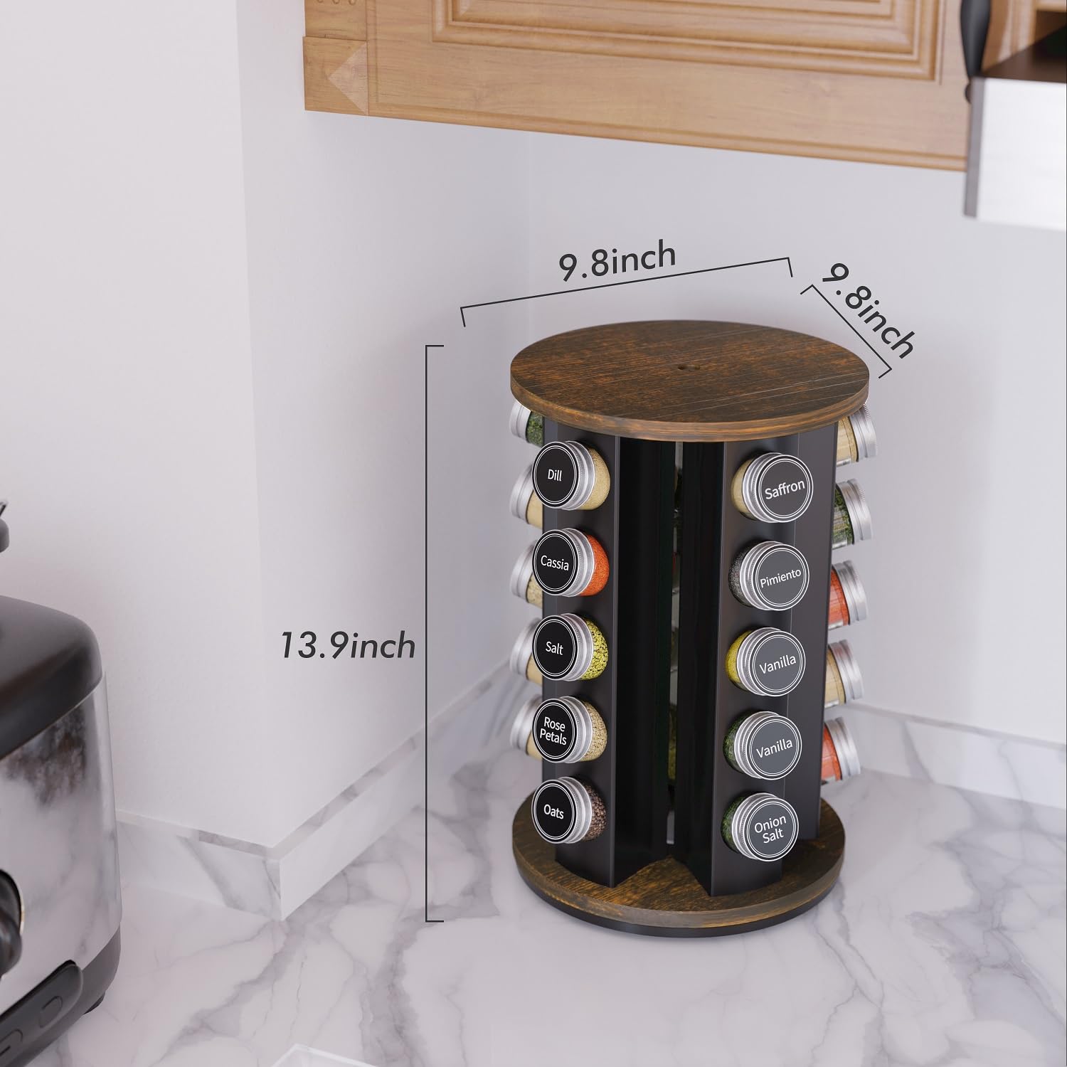 New England Stories Revolving Spice Rack Set with 20 Spice Jars, Kitchen Spice Tower Organizer for Countertop or Cabinet - Carousel Storage Includes 386 Spice Labels (Black): 30 Jars Wood