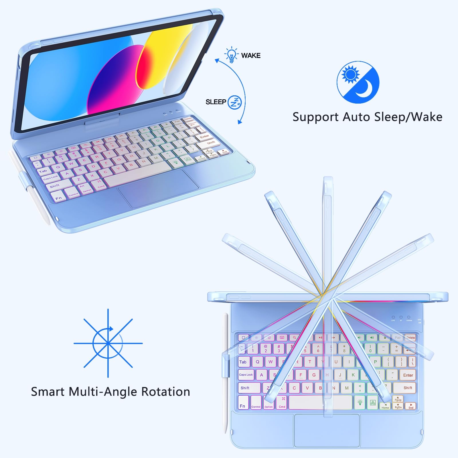 FUWANG Touch Keyboard Case for iPad (A16) 11th Generation 11 inch 2025&10th Gen 10.9 inch 2022, 360° Rotate for iPad 10th Generation Case with Keyboard, Backlit Keyboard Case with Pencil Holder, Blue